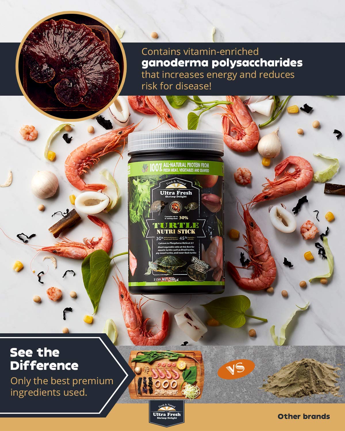 Ultra Fresh - Turtle Nutri Stick, Wild Sword Prawn, Calcium & Vitamin D Enriched Aquatic Turtle Food with Probiotics for Picky Turtles, Made from All Natural Ingredients 13.4 oz