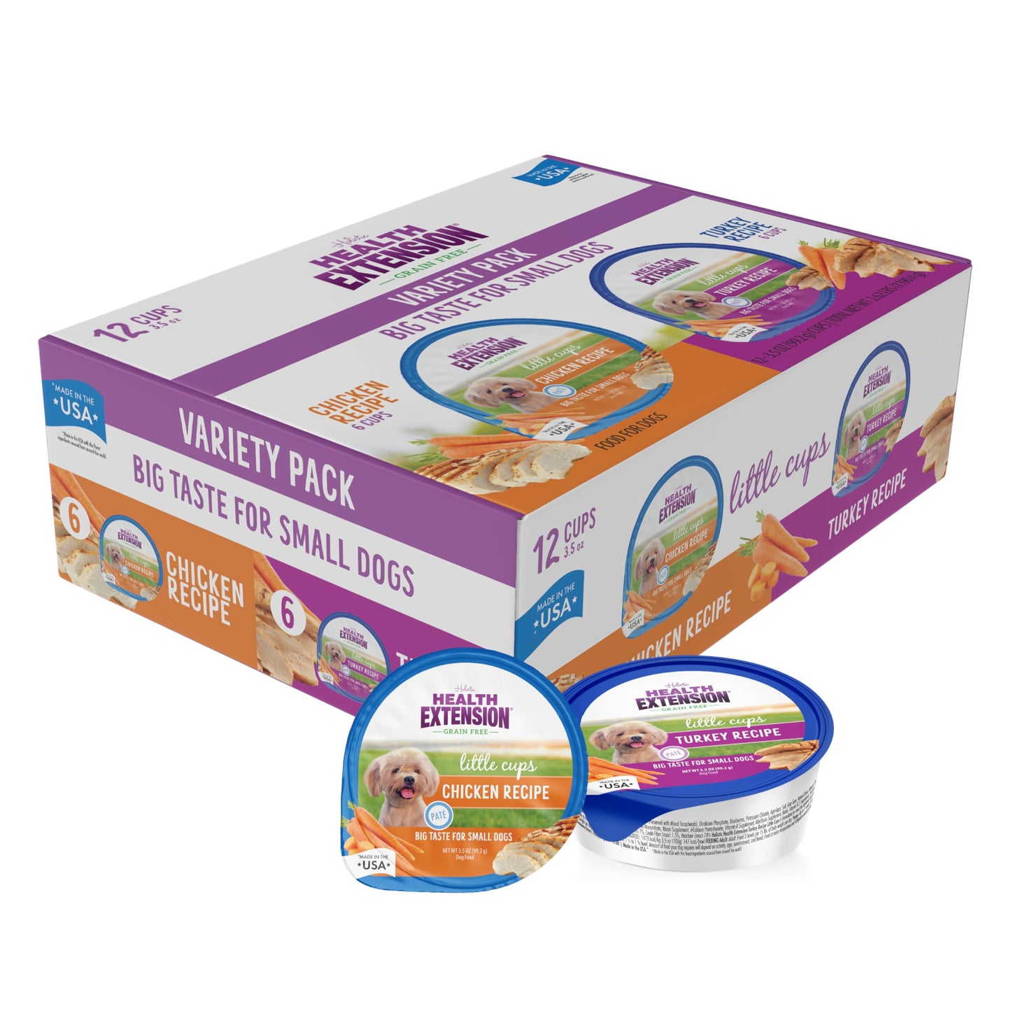 Health Extension Little Cups Grain-Free Wet Dog Food, Small Breed - Variety Box (6 Chicken/6 Turkey) 3.5 oz - Easy to Digest, Ideal for Picky Eaters (Case of 12 Cups)