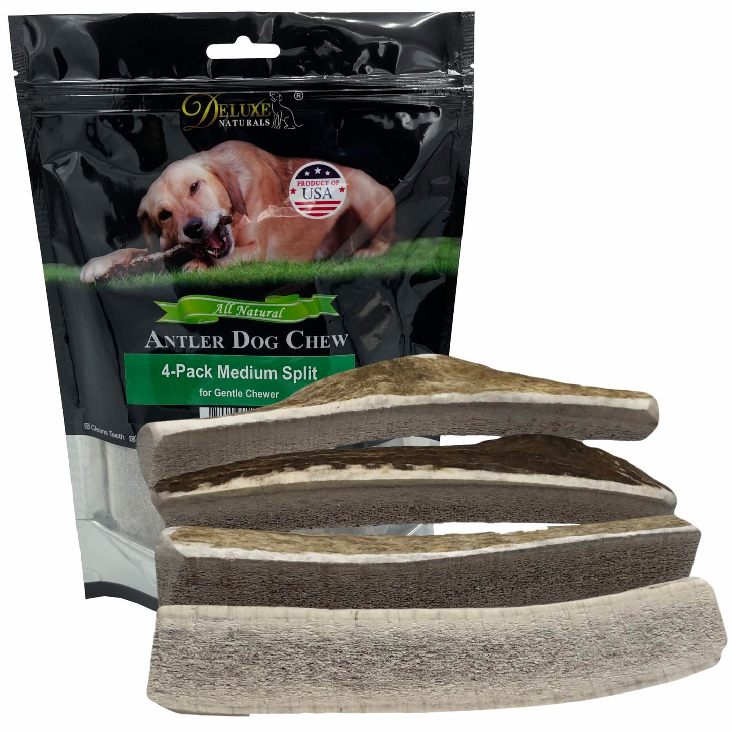 Deluxe Naturals Elk Antler Dog Chews | Long-Lasting A-Grade Premium Elk Antler Chews for Dogs from Naturally Shed Elk Antlers Collected in The USA, Split, Medium (Pack of 4)