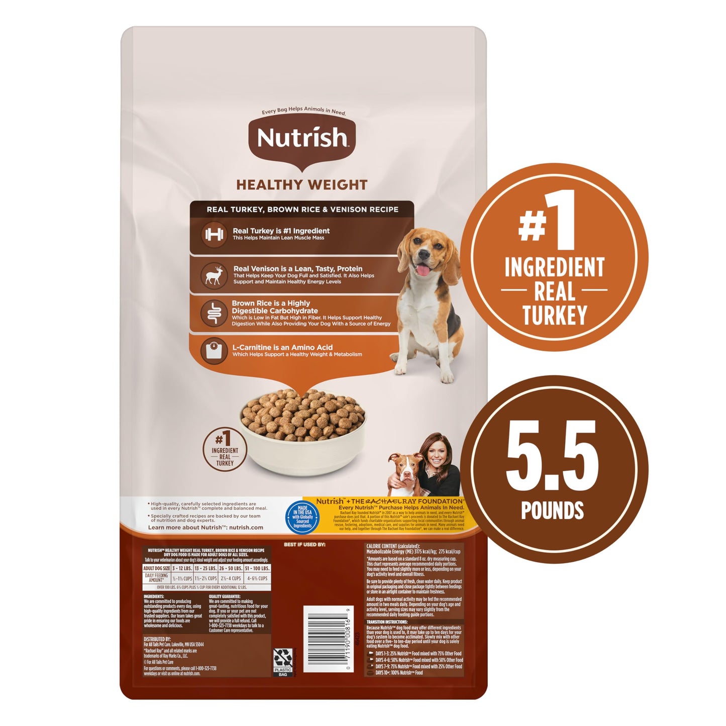 Nutrish Dry Dog Food, Turkey, Brown Rice & Venison Recipe for Weight Management, 5.5 Pounds