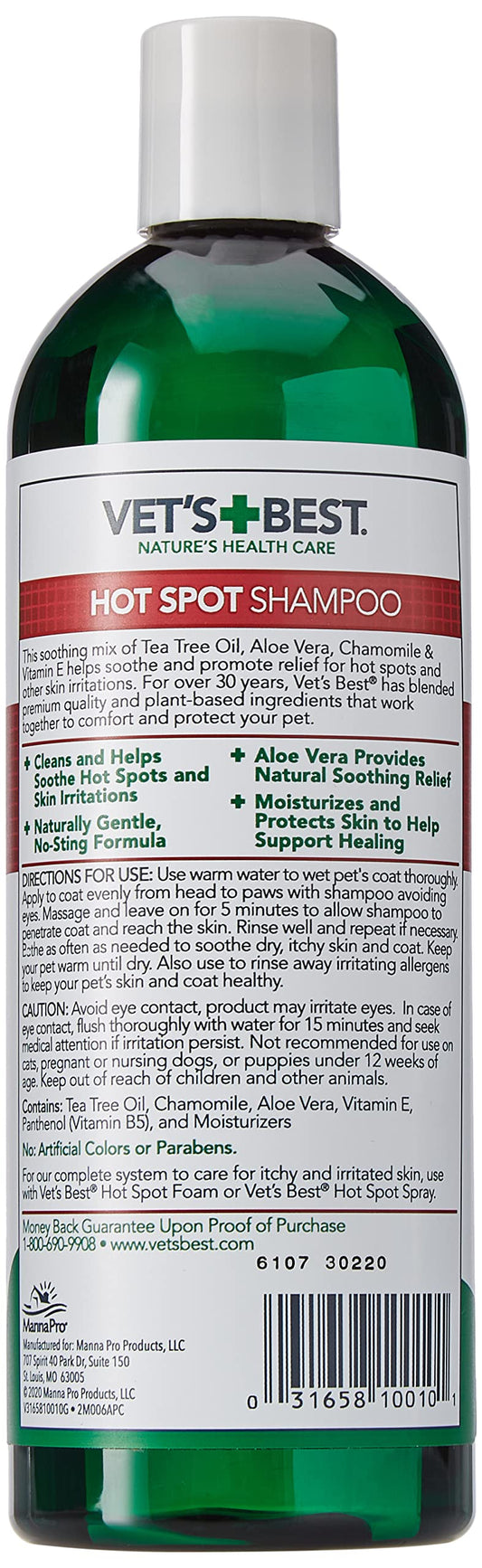 Vet's Best Hot Spot Itch Relief Shampoo for Dogs - Relieves Dog Dry Skin, Rash, Scratching, Licking, Itchy Skin, and Hot Spots - 16 Ounces
