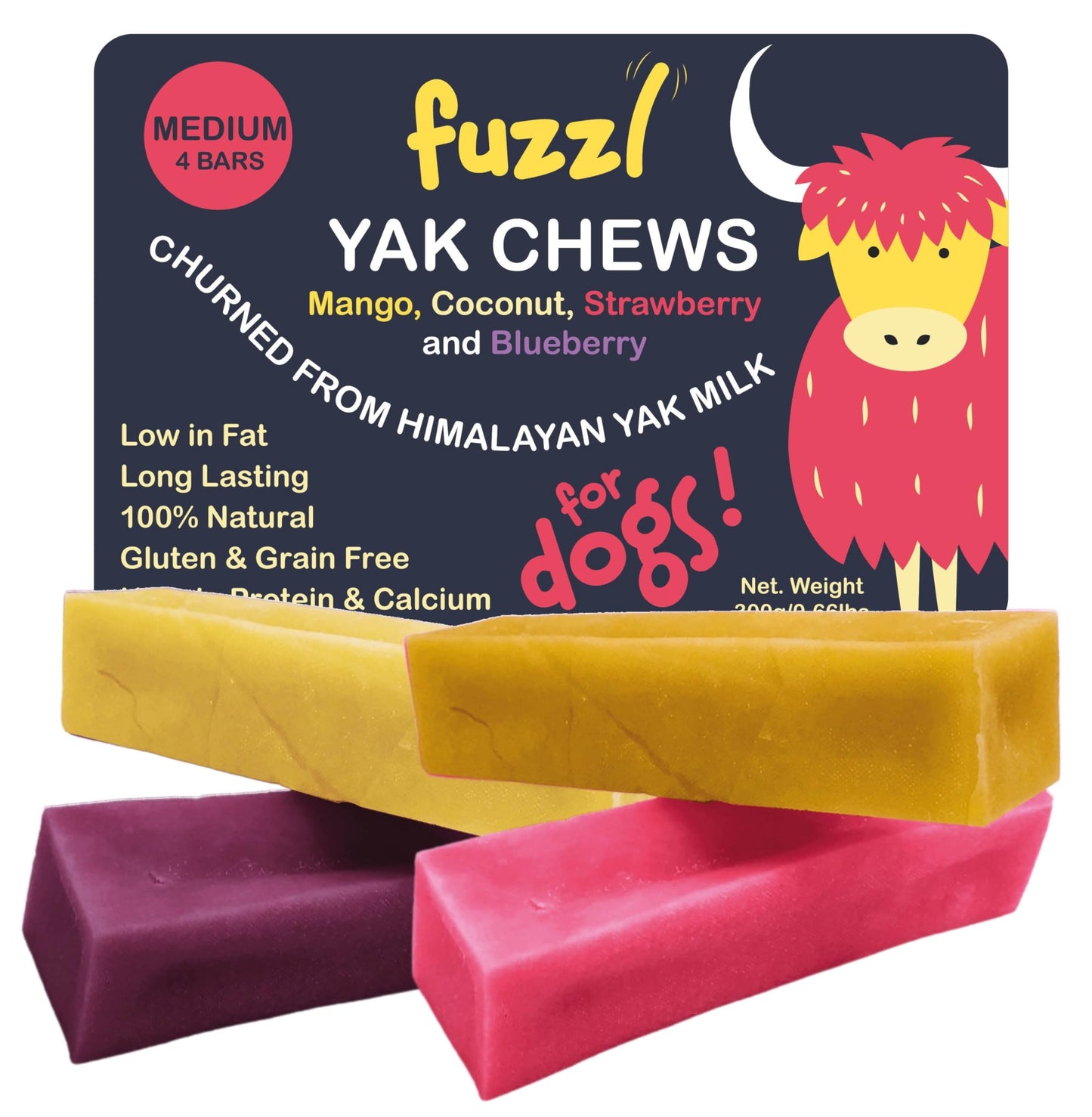 Fuzzl Yak Chews Mango, Coconut, Strawberry, Blueberry Medium Box 4 - Himalayan Yak Chews for Dogs - Natural Yak Cheese Himalayan Dog Chews Dog Chew