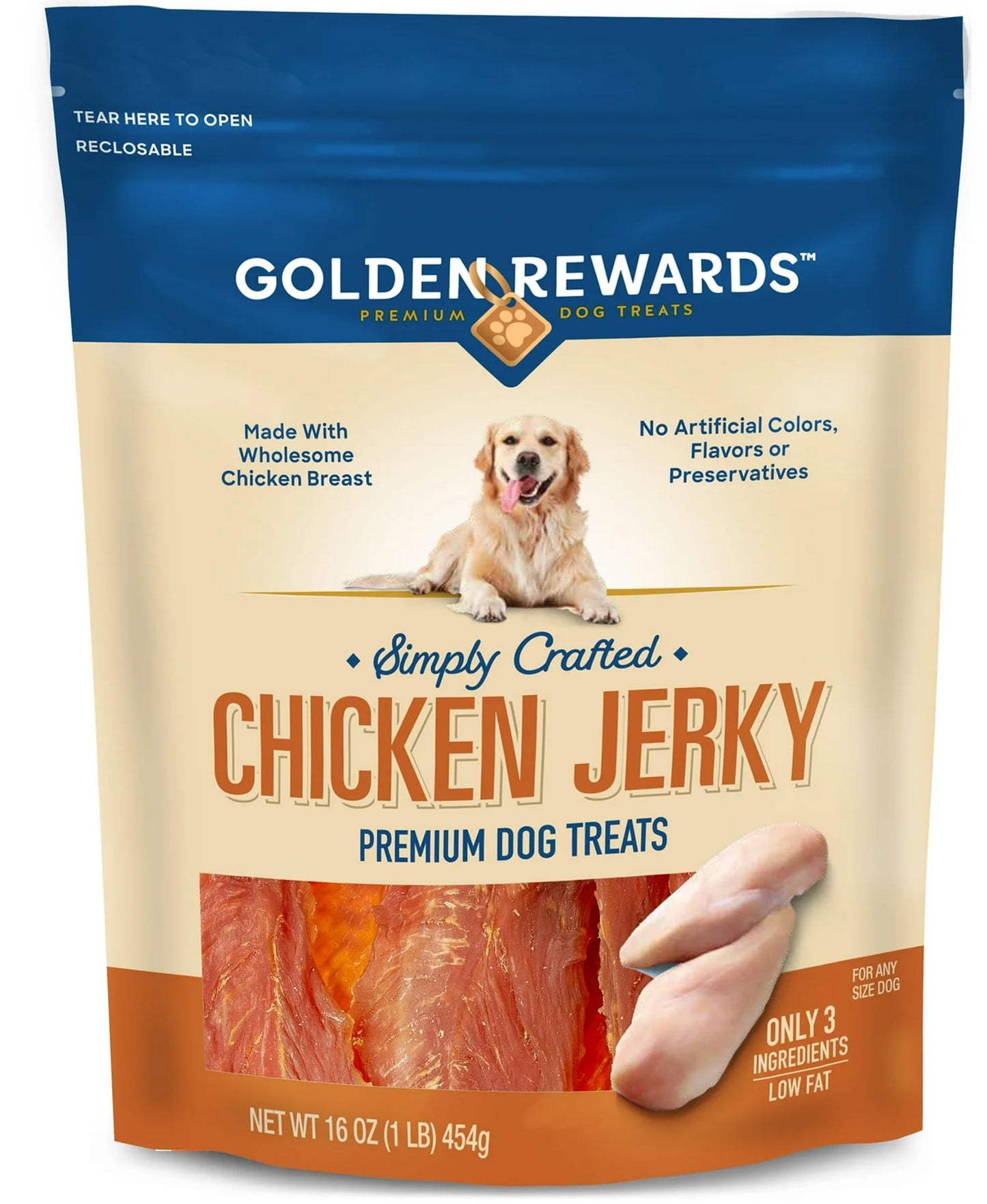 Golden|Rewards Chicken Jerky Dog Treats, 16 oz Bag, Made with Wholesome Chicken Breast, Low Fat, Grain-Free, No Artificial Colors or Preservatives, Premium High-Protein Snack for Dogs