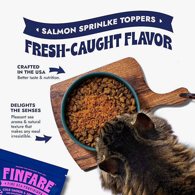 Finfare Freeze Dried Salmon Sprinkles, Grain Free Salmon Meal Topper to Support Taste & Nutrition, High Protein & Omega-3s, Crafted in USA, 6oz
