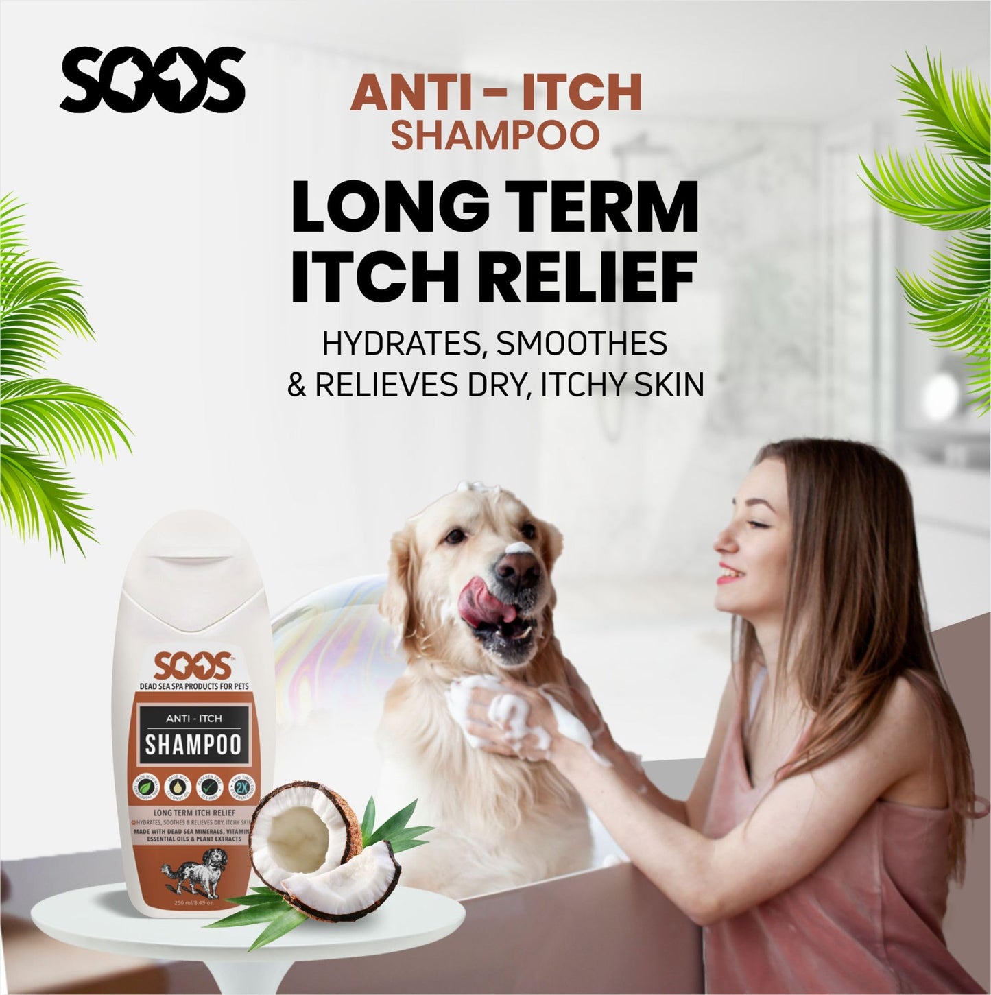 Soos Pet Shampoo Anti-Itch Cat and Dog Shampoo Dead Sea Minerals Fast Absorbing Soothes Itching Clean Fur with Vitamins Essential Oils Natural Ingredients - 1x Bottle (250ml)