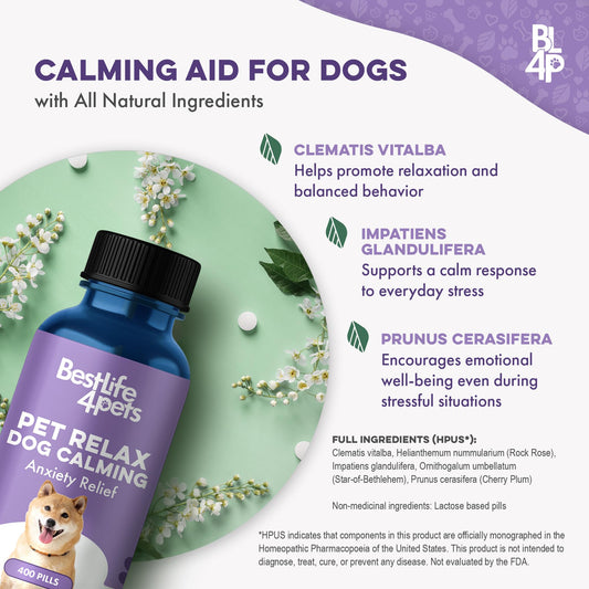 Pet Relax Dog Calming Anxiety Relief, Long-Lasting Dog Relaxants for Stress Relief, Natural Solution for Separation Anxiety, Travel, Thunderstorms, and Fireworks, 400 Odorless, Tasteless Pills