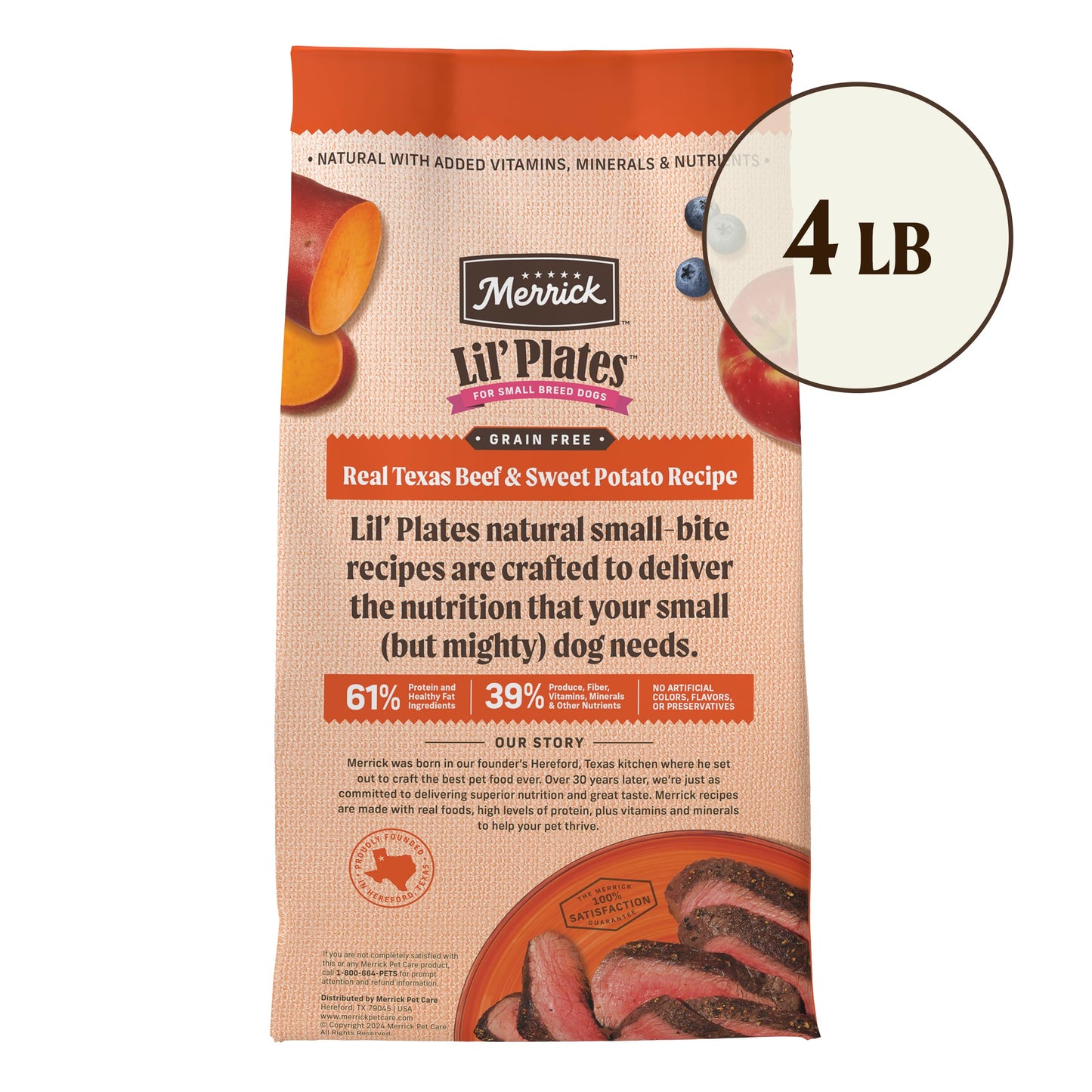 Merrick Lil’ Plates Premium Grain Free Dry Dog Food For Small Dogs, Real Texas Beef And Sweet Potato Kibble - 4.0 lb. Bag
