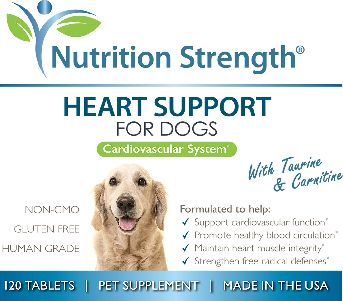 Nutrition Strength Heart Support for Dogs with Taurine & Carnitine, Promote Blood Circulation, Support Cardiovascular Function, Heart Muscle Integrity & Free Radical Defenses, 120 Chewable Tablets