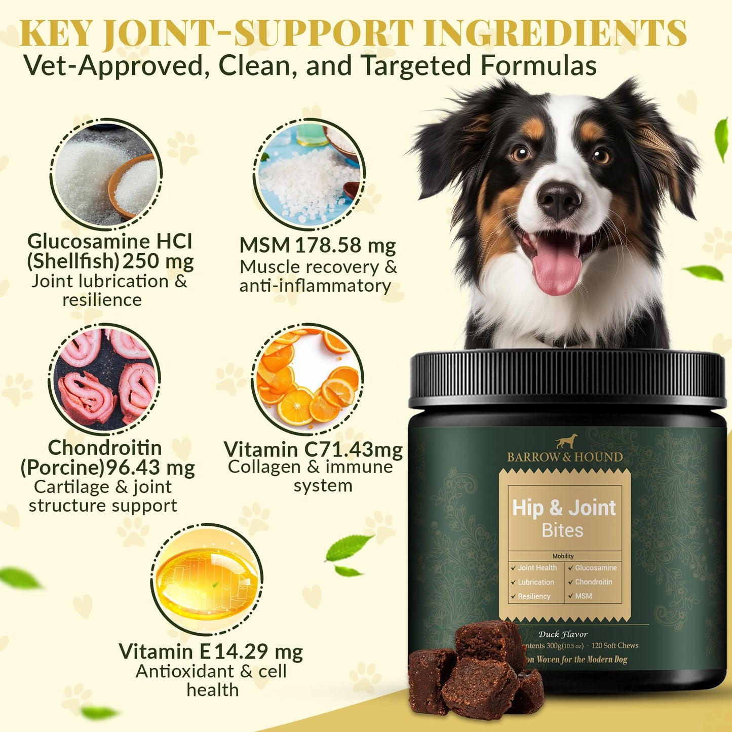 Barrow & Hound - Hip & Joint Chews for Dogs – 120 Soft Chews with Glucosamine, MSM & Chondroitin – Joint Mobility & Cartilage Support – Duck Flavor