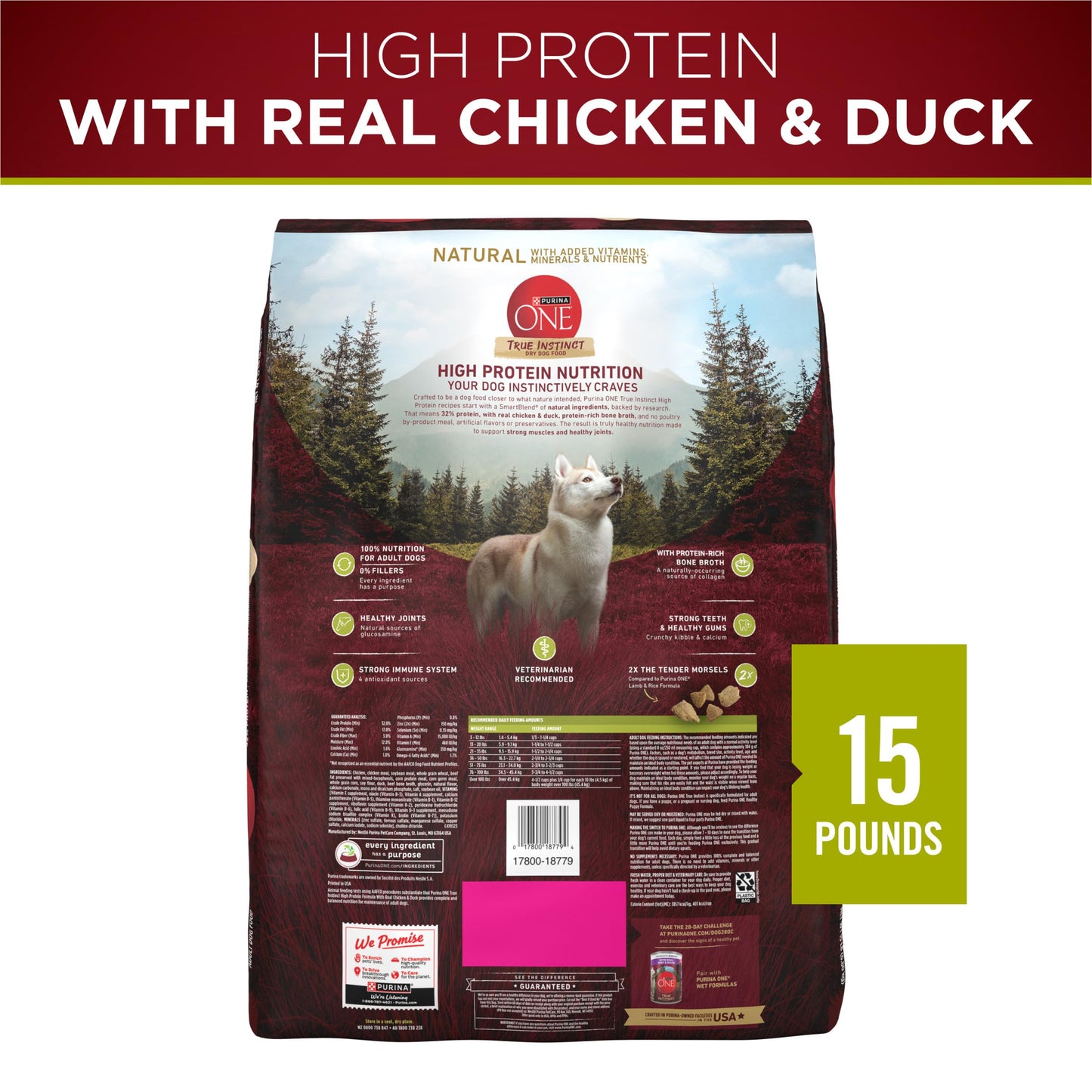 Purina ONE True Instinct High Protein Dry Dog Food Formula with Real Chicken and Duck Natural with Added Vitamins and Minerals Dog Food - 15 lb. Bag
