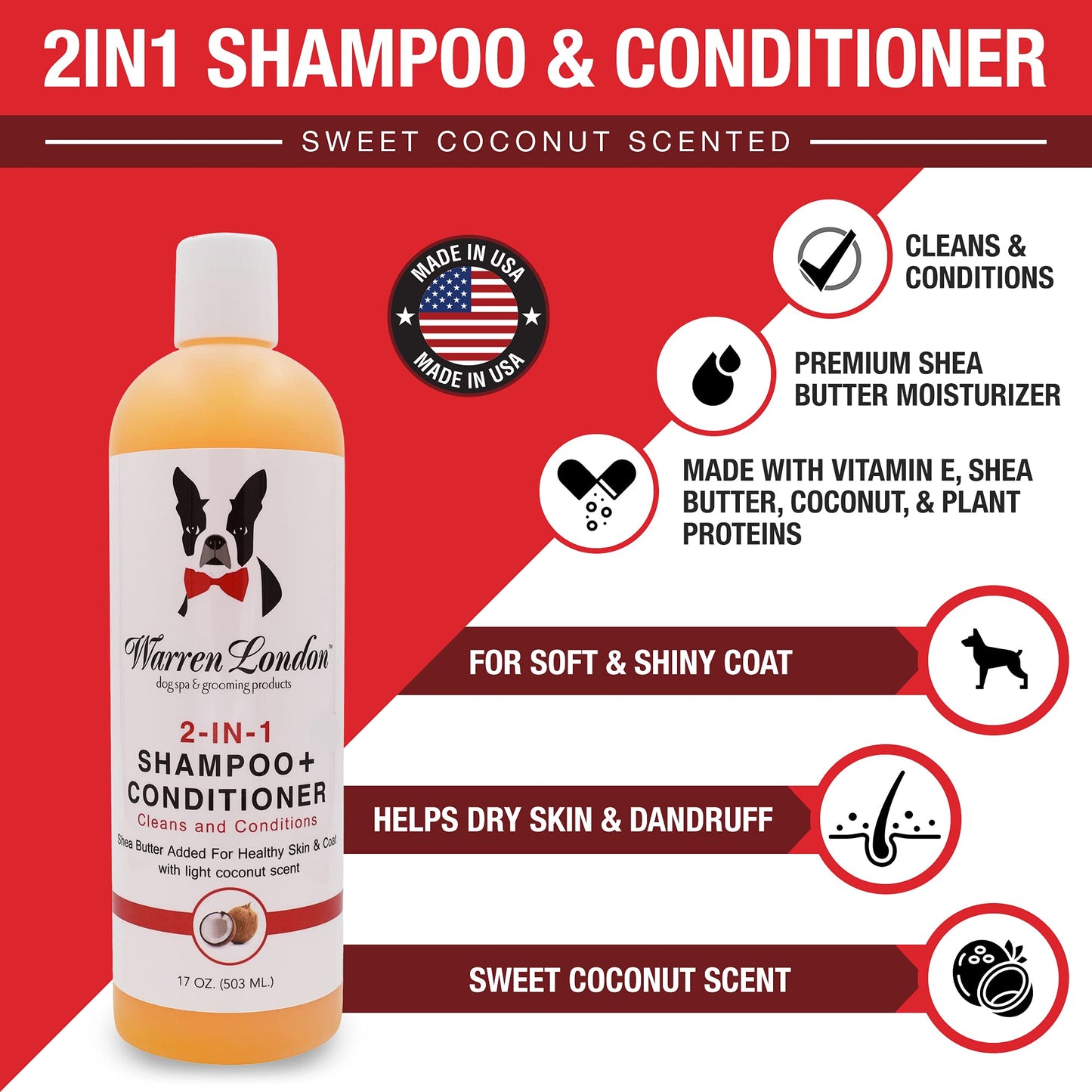 Warren London 2 in1 Pet Shampoo and Conditioner for Dogs, Puppys, & Cats | Best Dog Shampoo and Conditioner for Dry Itchy Skin | Dandruff Shampoo for Cats & Dogs | Made in USA | 17oz