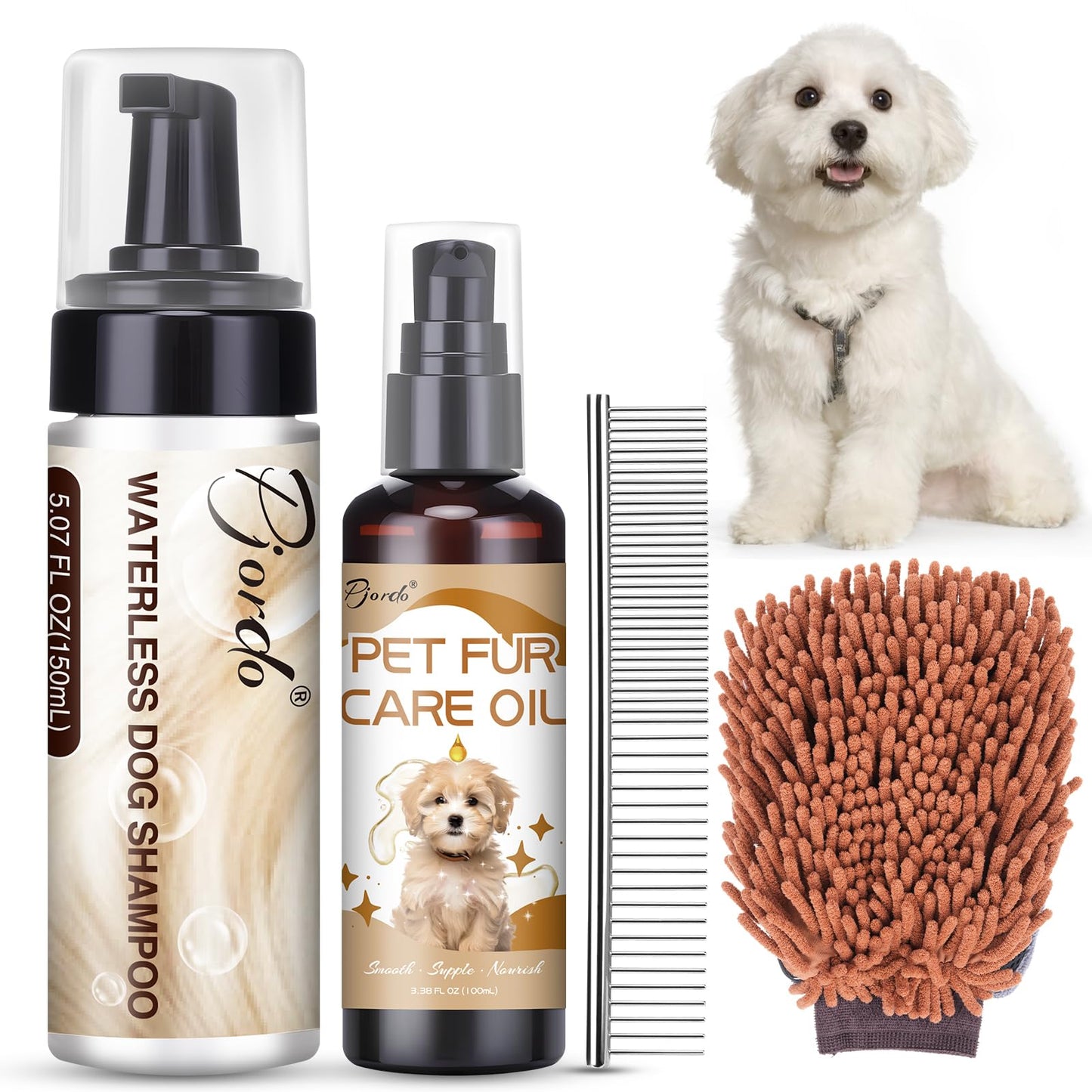Pjordo Waterless Dog Shampoo No Rinse Foam, Dog Dry Shampoo, with Pet Fur Care Oil, Pet Sensitive Glove & Stainless Steel Pets Grooming Comb, Clean Quickly, Soothe & Moisturize