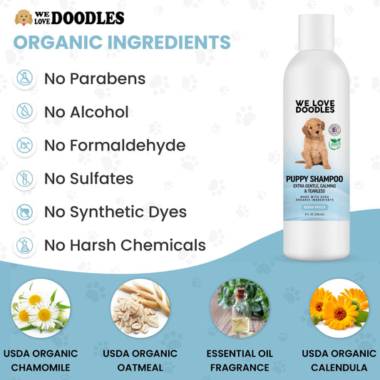 We Love Doodles Puppy Shampoo & Conditioner and Dog Cologne | Organic Ingredients | Sensitive & Itchy Skin Wash | Long Lasting After Bath | Puppies Odor Eliminator Spray | Made in USA