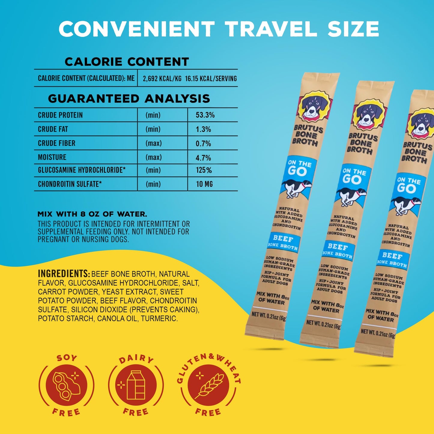 Brutus Bone Broth for Dogs - Bone Broth Powder with Chondroitin Glucosamine & Turmeric - Human Grade Food Toppers for Dry Food & Picky Eaters - 5 Stick (Beef)