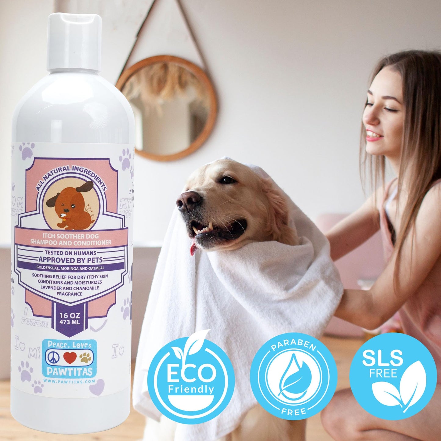 Pawtitas Dog Shampoo and Conditioner All Natural and Hypoallergenic Shampoo for Puppy Made with Certified Organic Natural Herbs Dog Conditioner 16 Oz Dog Shampoo Lavender Chamomile & Goldenseal