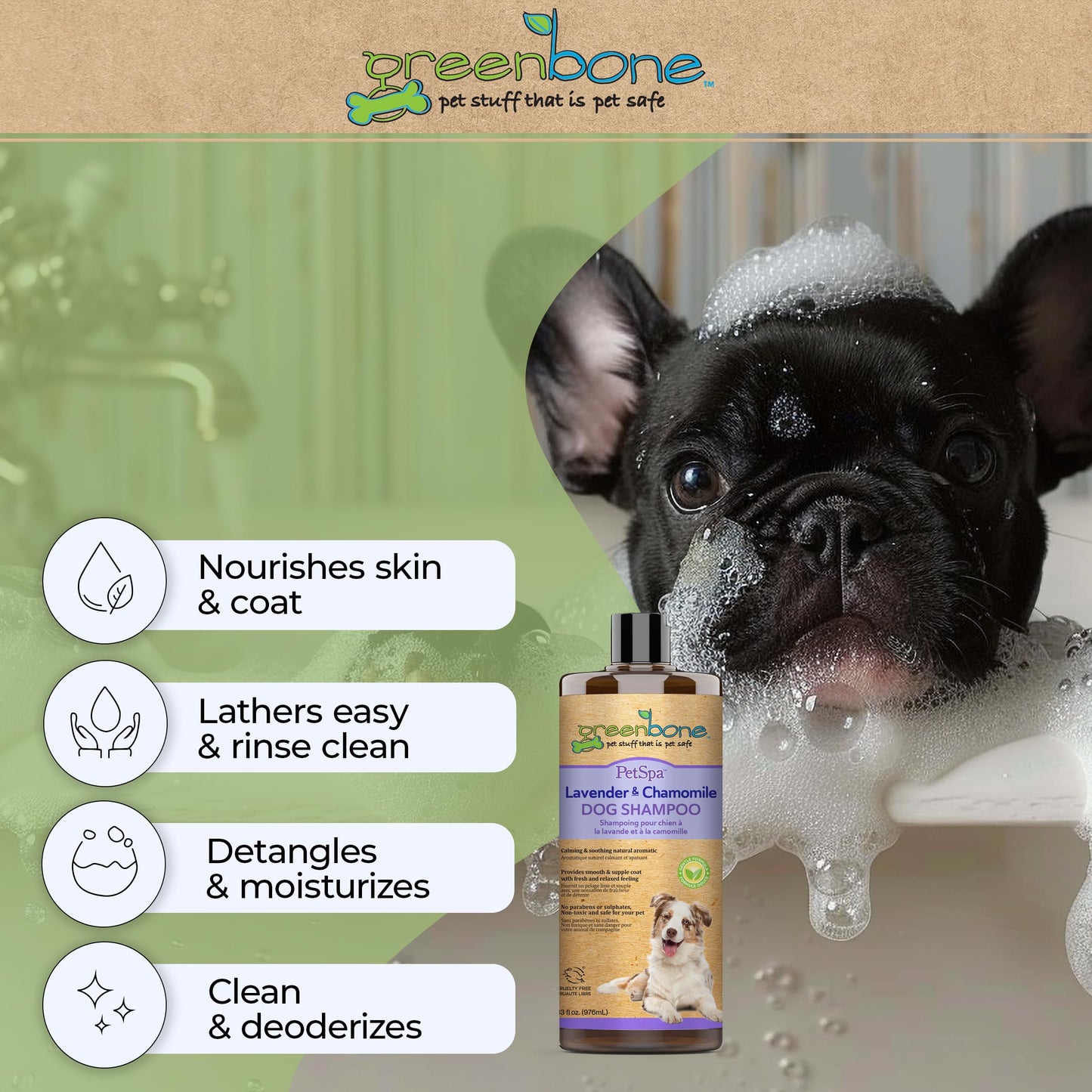 Greenbone Pet Spa Lavender & Chamomile Dog Shampoo - Calming, Soothing, Gentle Grooming Solution, 33 fl oz, Safe & Natural Formula