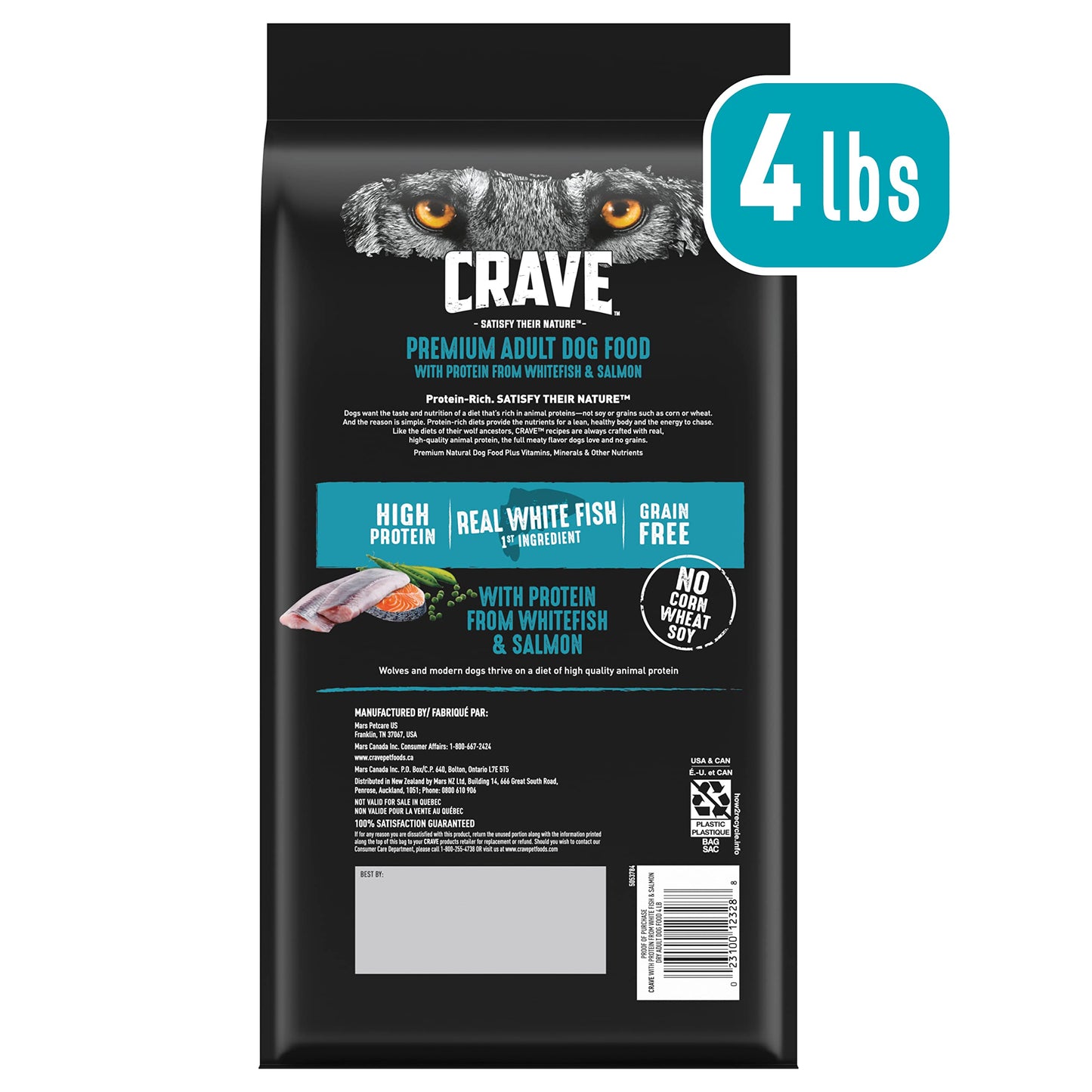 CRAVE Grain Free High Protein Adult Dry Dog Food, White Fish & Salmon, 4 lb. Bag