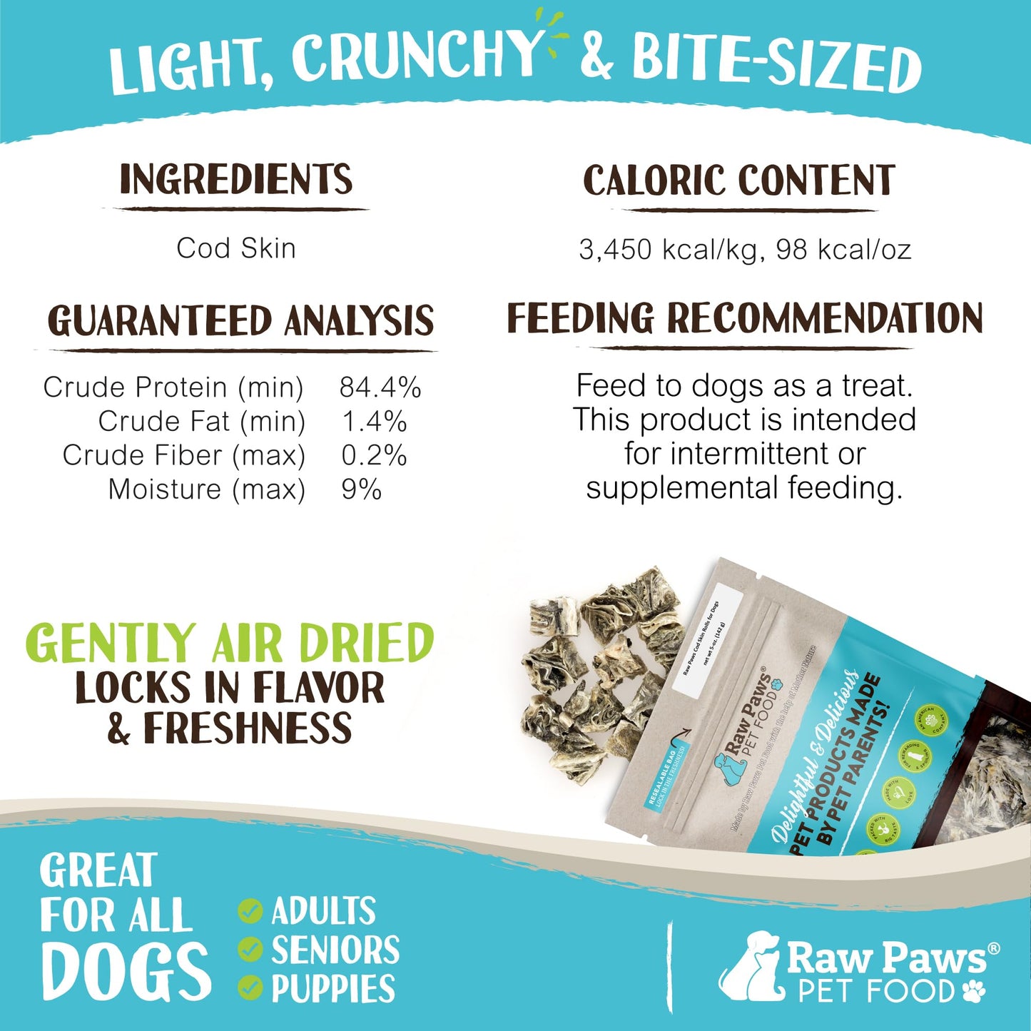 Raw Paws Cod Skin Dog Treats, 5-oz (Cubes) - Crunchy Cod Skins for Dogs - Fish Skin for Dogs