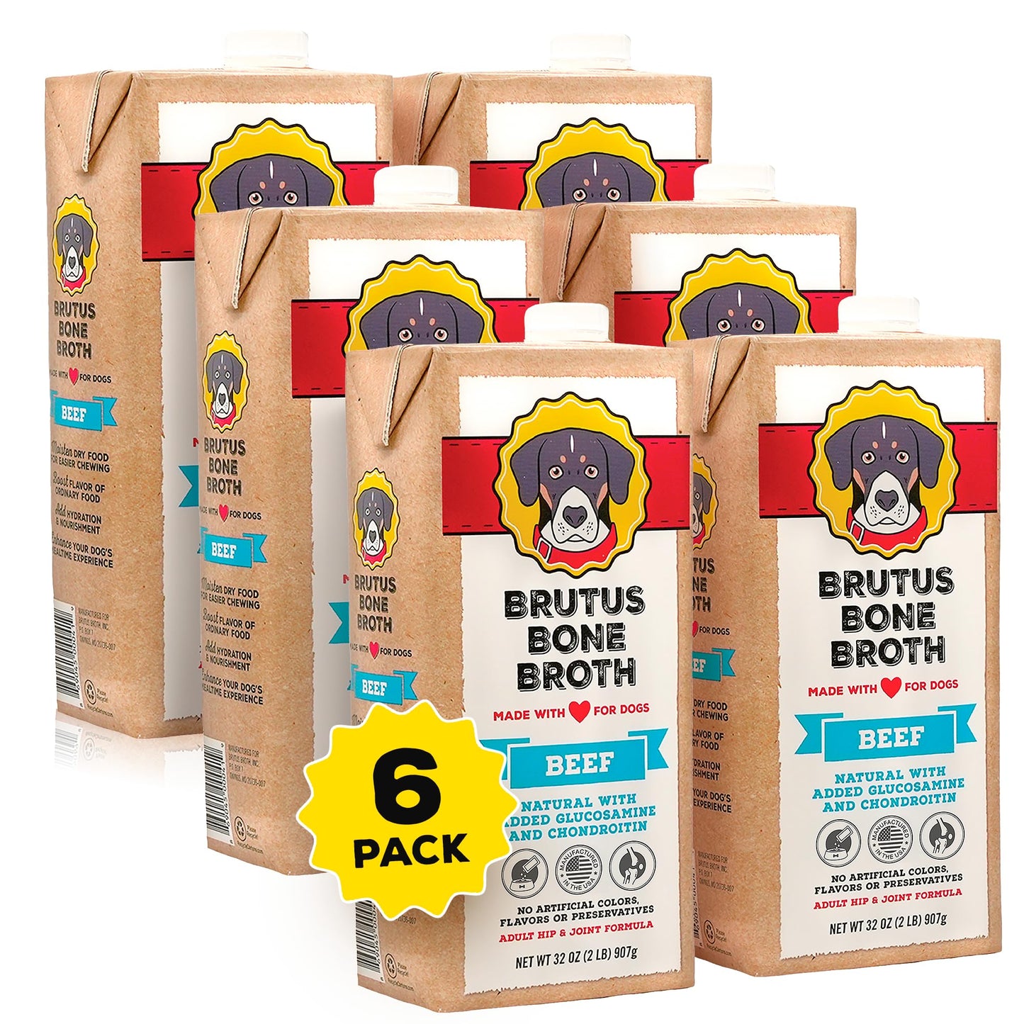 Brutus Beef Bone Broth for Dogs - All Natural Bone Broth with Chondroitin Glucosamine & Turmeric, Human Grade Food Toppers for Picky Eaters & Dry Food -Tasty & Nutritious- Pack of 6