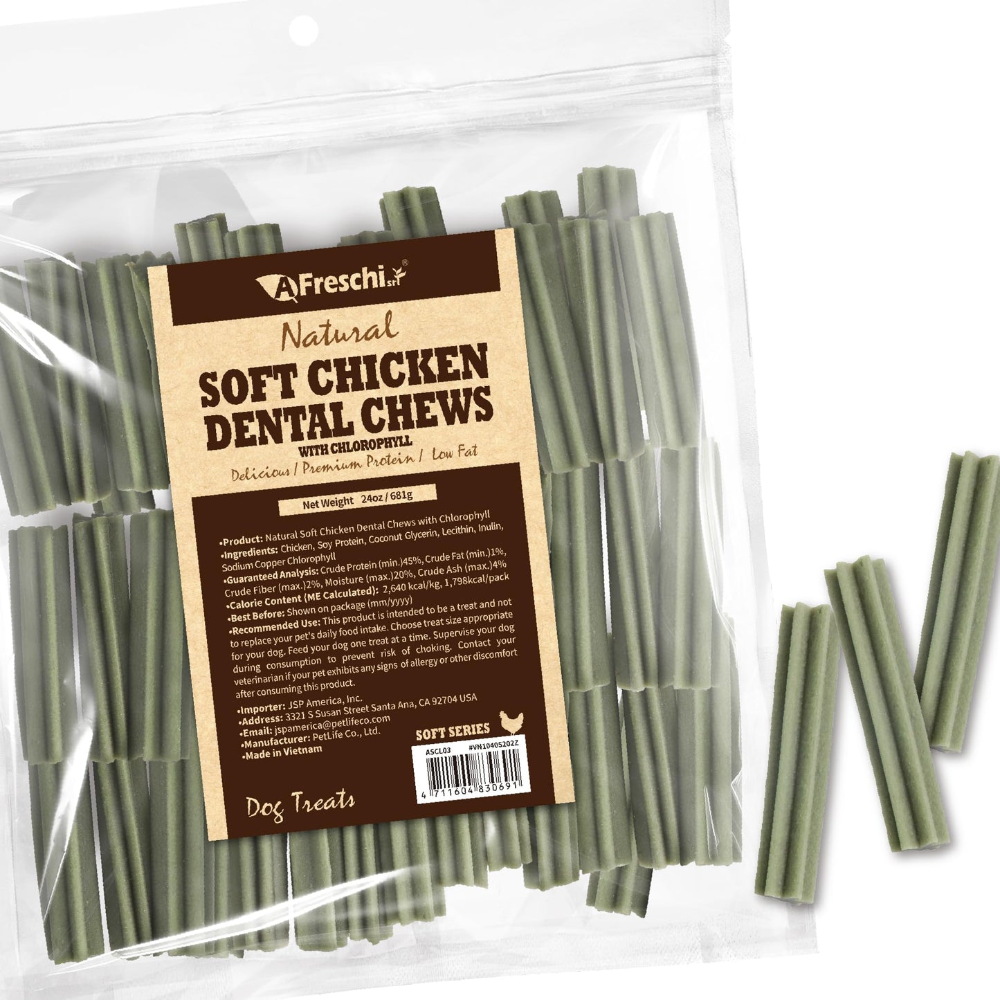 AFreschi Natural Soft Chicken Dental Chews with Chlorophyll 24 oz, Dog Treats, All Natural, Grain-Free, High-Protein, Healthy & Easily Digestible, Soft Texture