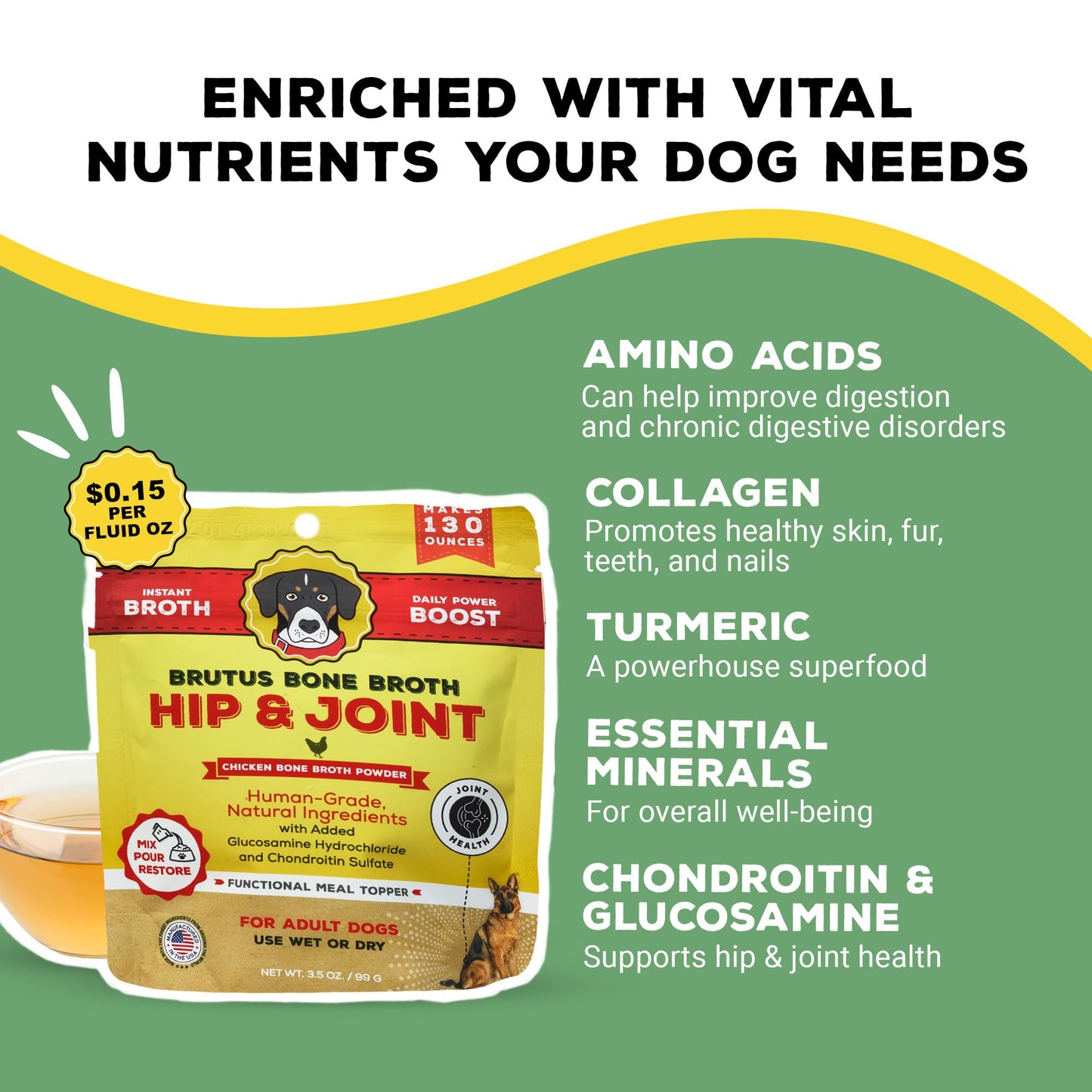 Brutus Bone Broth Hip and Joint Meal Toppers for Dogs Mega Pack (Chicken) - Bone Broth Powder with Chondroitin, Glucosamine & Turmeric - Makes 130oz of Liquid Bone Broth