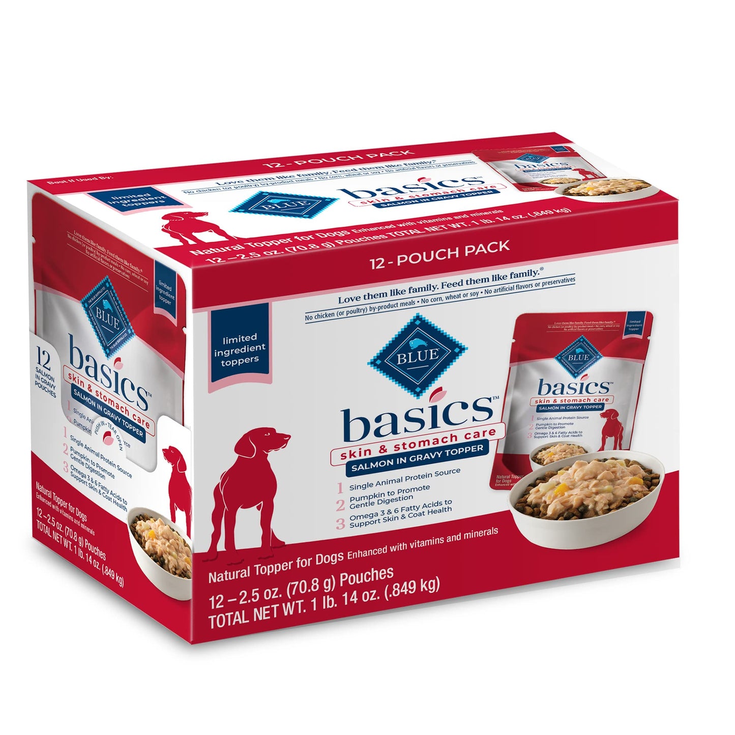 Blue Buffalo Basics Skin & Stomach Care Natural Wet Dog Food Topper, Salmon in Gravy 2.5oz Pouch (12 Pack)