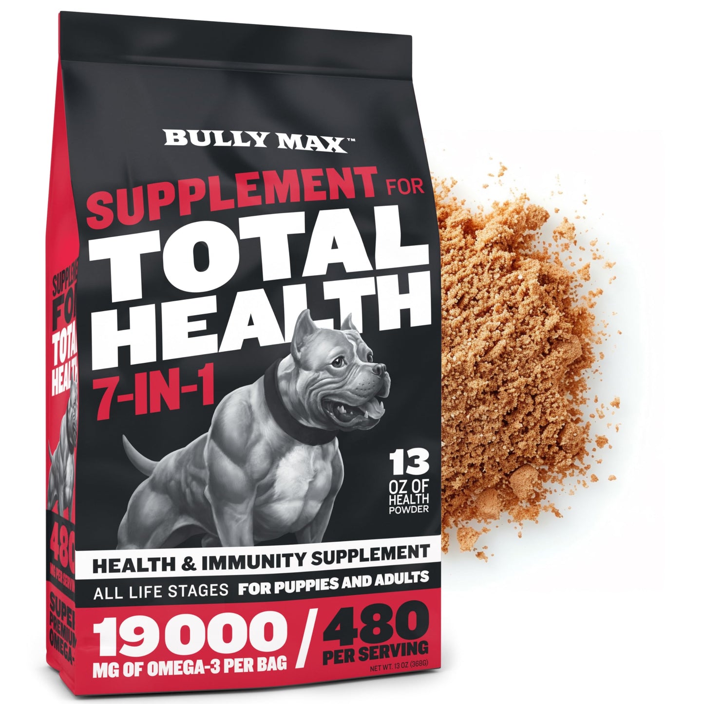 Bully Max 7-in-1 Dog Multivitamin Powder with Omega 3, 6, Glucosamine & Chondroitin for Immune System, Digestive & Joint Health - Food Topper, Vitamins & Supplements for Puppy & Adult Dogs, 13Oz Bag