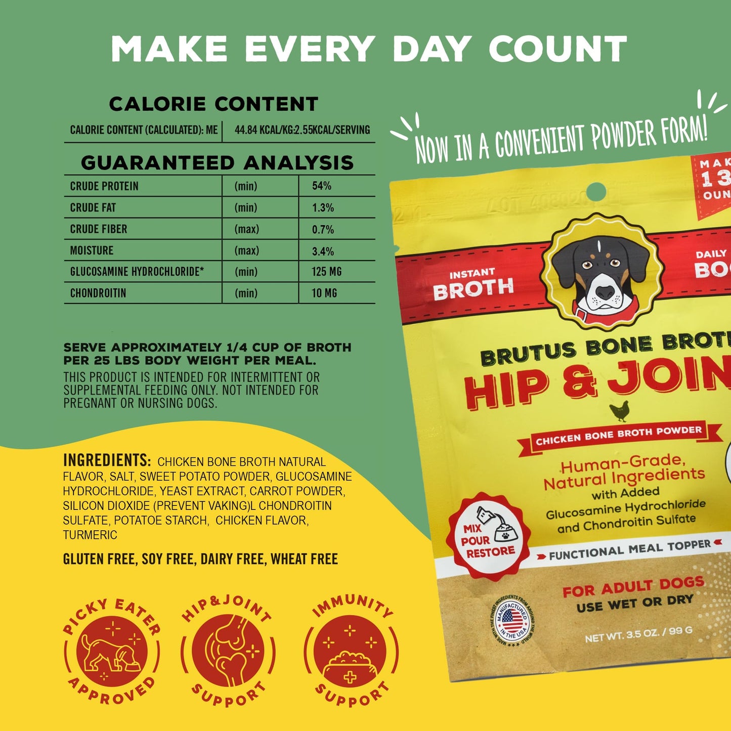 Brutus Bone Broth Hip and Joint Meal Toppers for Dogs Mega Pack (Chicken) - Bone Broth Powder with Chondroitin, Glucosamine & Turmeric - Makes 130oz of Liquid Bone Broth