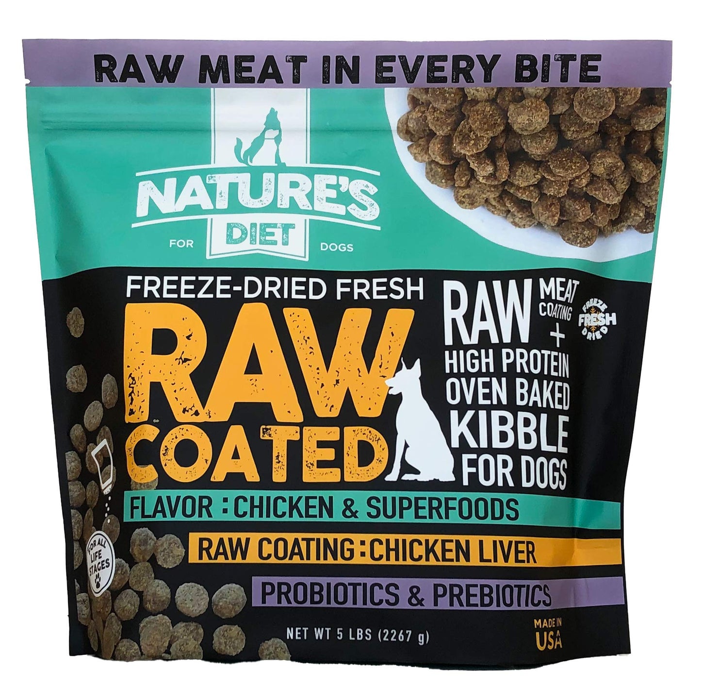 Nature's Diet Freeze-Dried Fresh Raw Coated Chicken, Bone Broth & Superfoods Kibble with Probiotics, Prebiotics & Freeze-Dried Chicken Liver