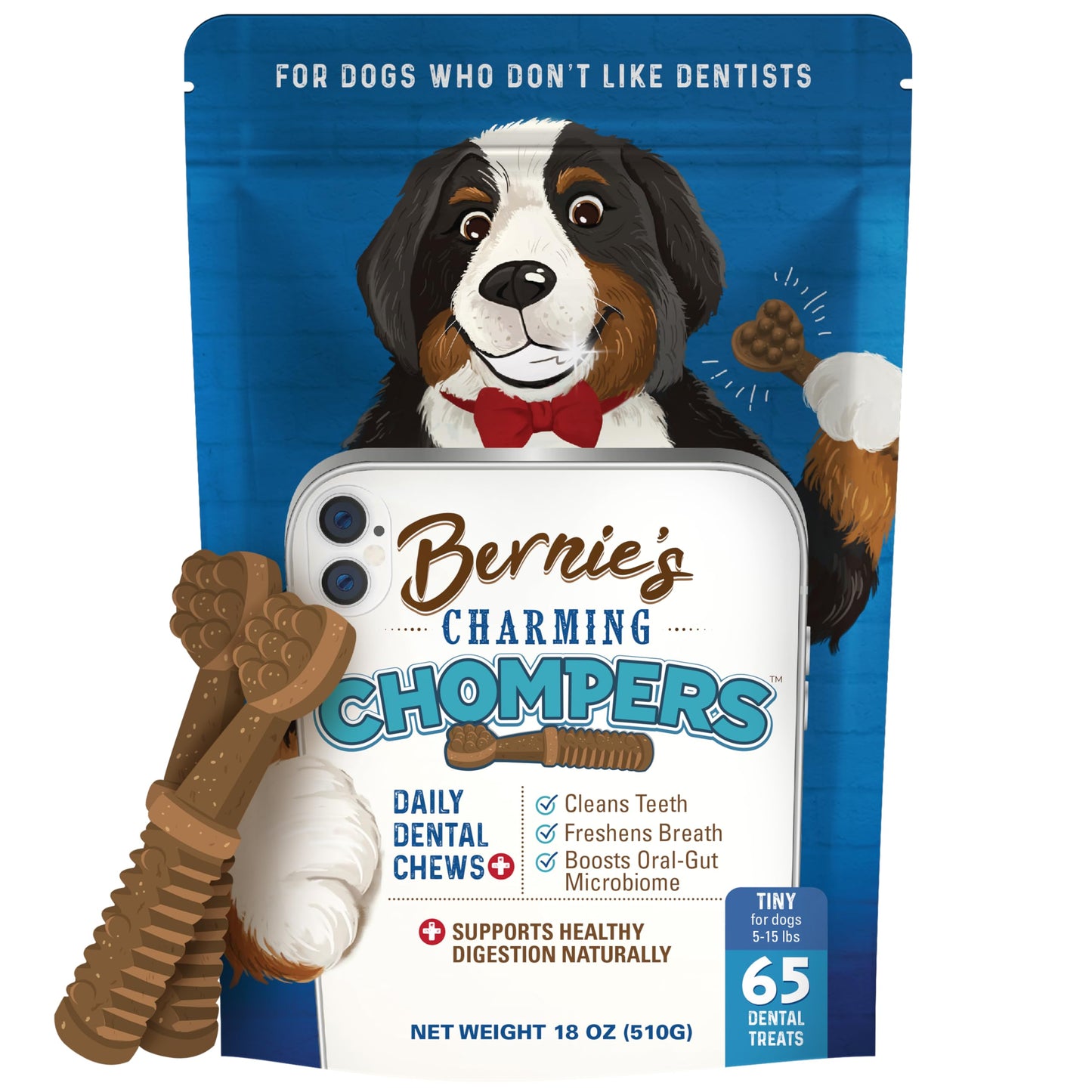 Bernie's Charming Chompers - Daily Dental Chews for Dogs 5-15 Lbs. - 65 Count - Cleans Teeth, Freshens Breath, + Boosts Oral-Gut Microbiome. Easy to Digest, Supports Healthy Digestion Naturally