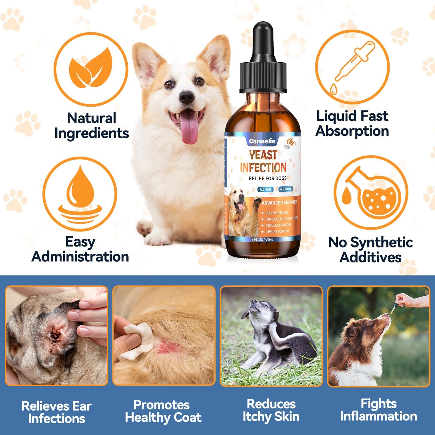Natural Yeast Relief for Dogs, Supports Healthy Itch Relief, Dog Ear Discomfort Care, Itch Relief for Dog, Allergy Supports, Inflammation Relief for Dogs, 60ml