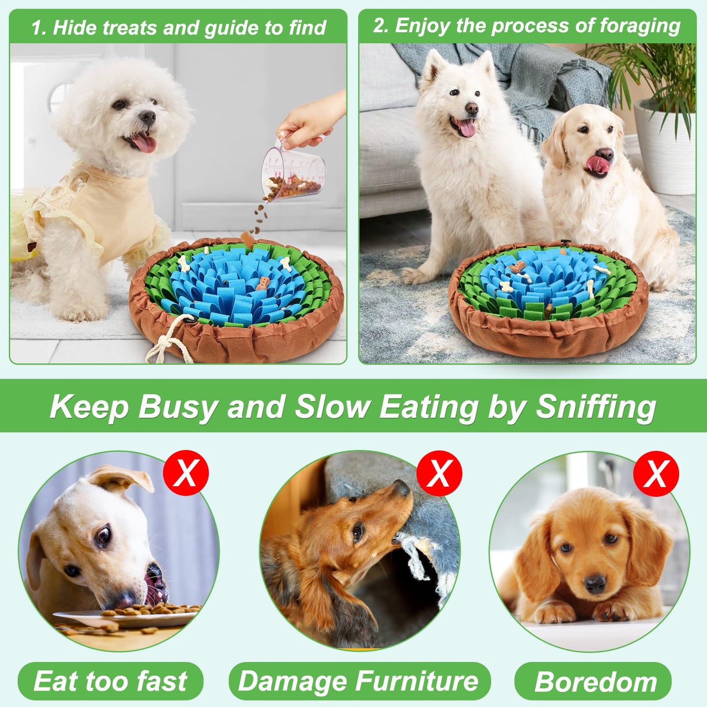Vivifying Snuffle Mat for Dogs, Adjustable Sniff Mat for Slow Eating and Keep Busy, Interactive Enrichment Toys for Mental Stimulation (Blue&Green)