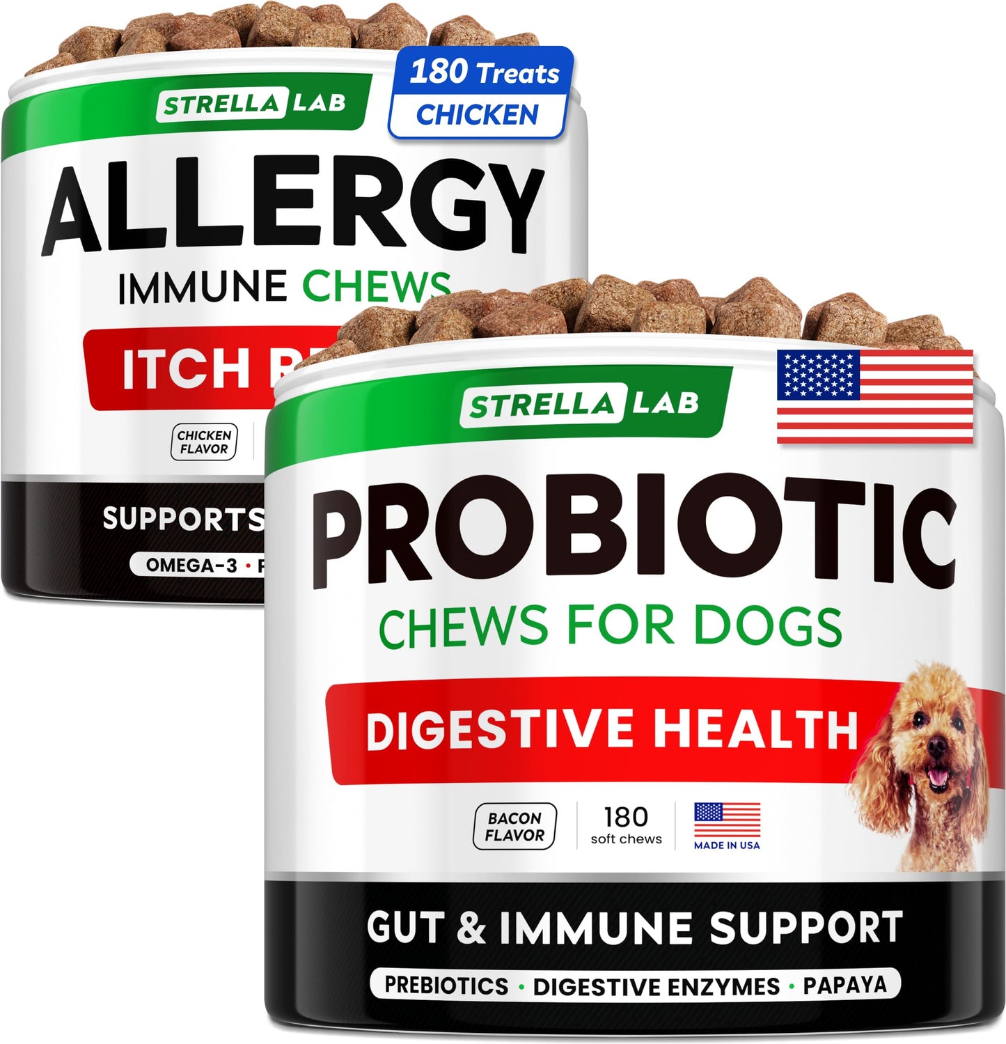 Allergy Relief + Probiotics Dogs Bundle - Itchy Skin Treatment + Digestive Enzymes - Omega 3 & Pumpkin + Prebiotics - Dogs Itching & Licking Treats + Improve Digestion - 360 Chews - Made in USA
