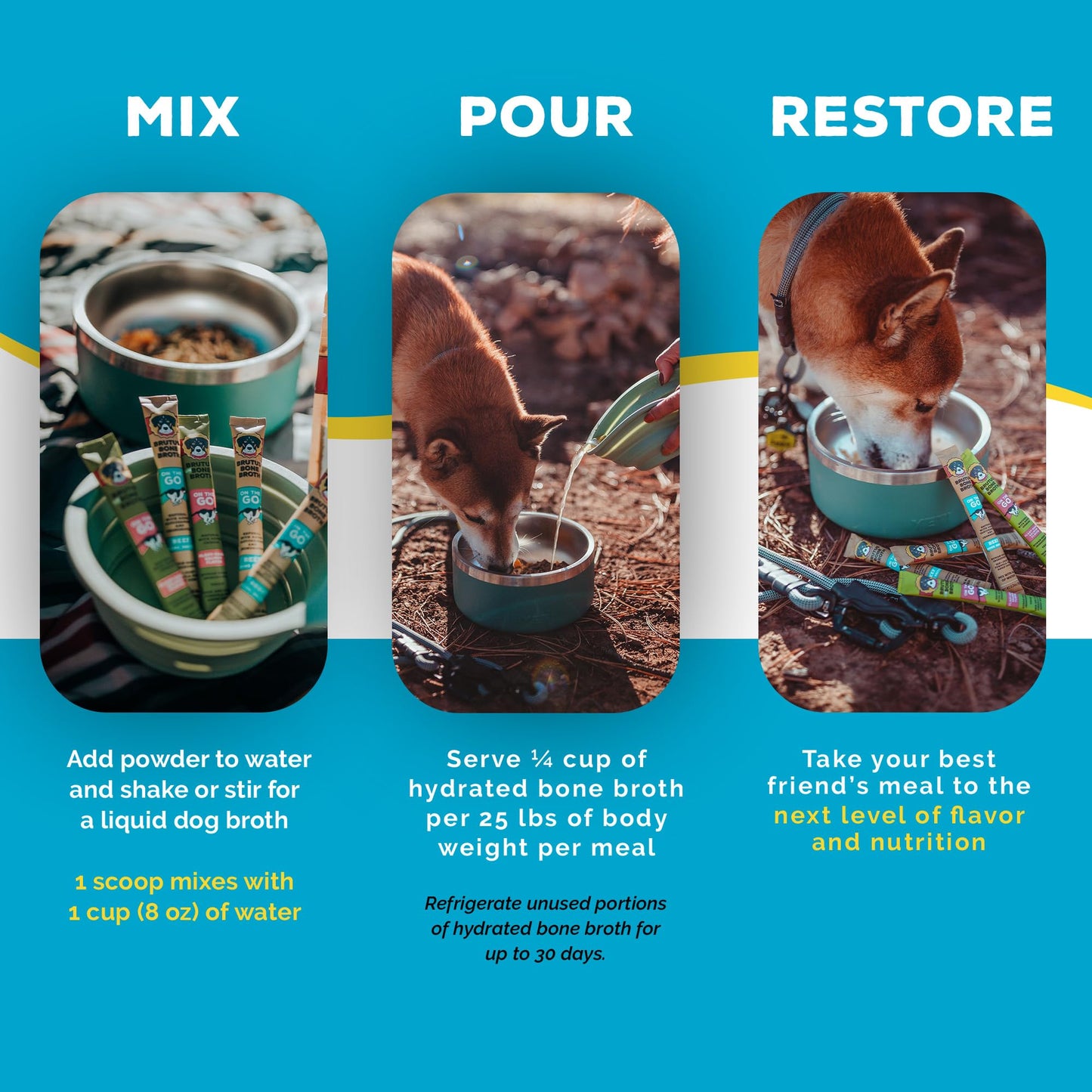 Brutus Bone Broth for Dogs - Bone Broth Powder with Chondroitin Glucosamine & Turmeric - Human Grade Food Toppers for Dry Food & Picky Eaters - 5 Stick (Beef)