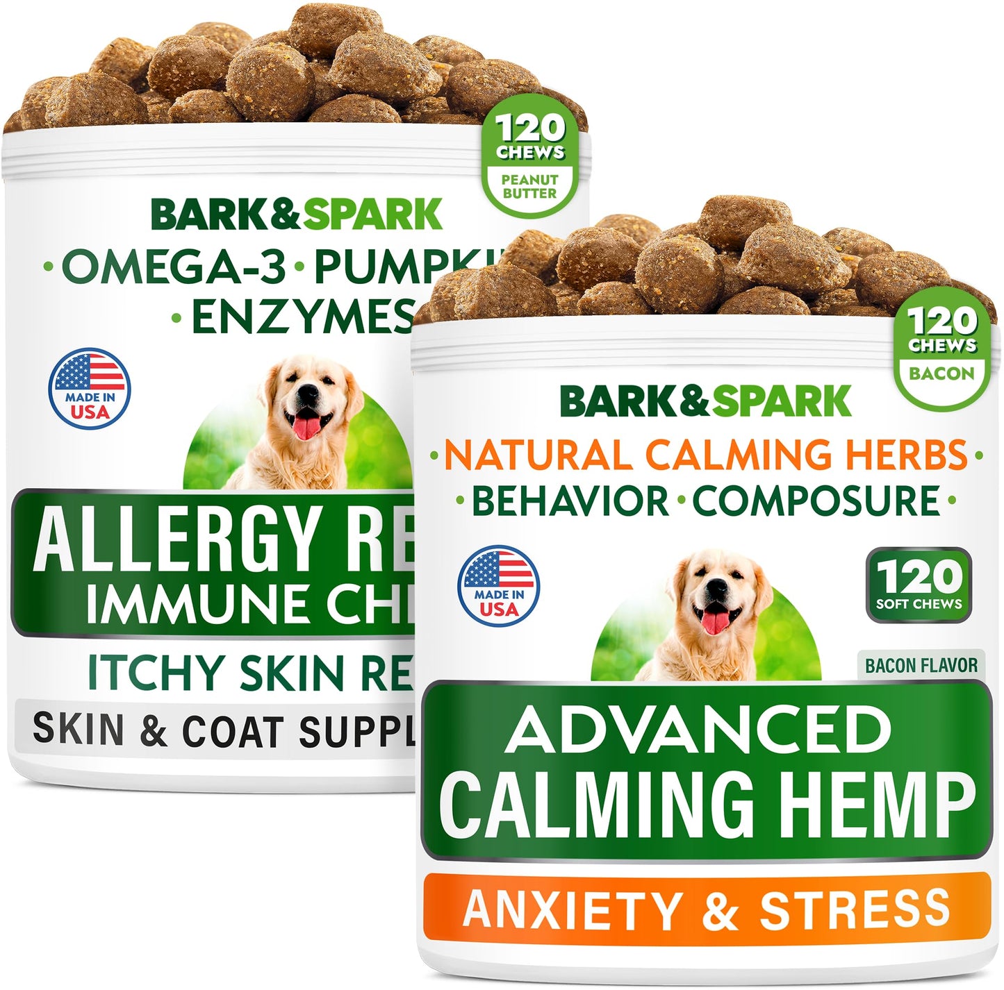 Allergy Relief + Advanced Calming Bundle - Anti-Itch Skin&Coat + Anxiety Relief - Omega 3 Fish Oil + Hemp Oil + Melatonin - Itching &Paw Licking + Separation Aid - 240 Chews - Made in USA