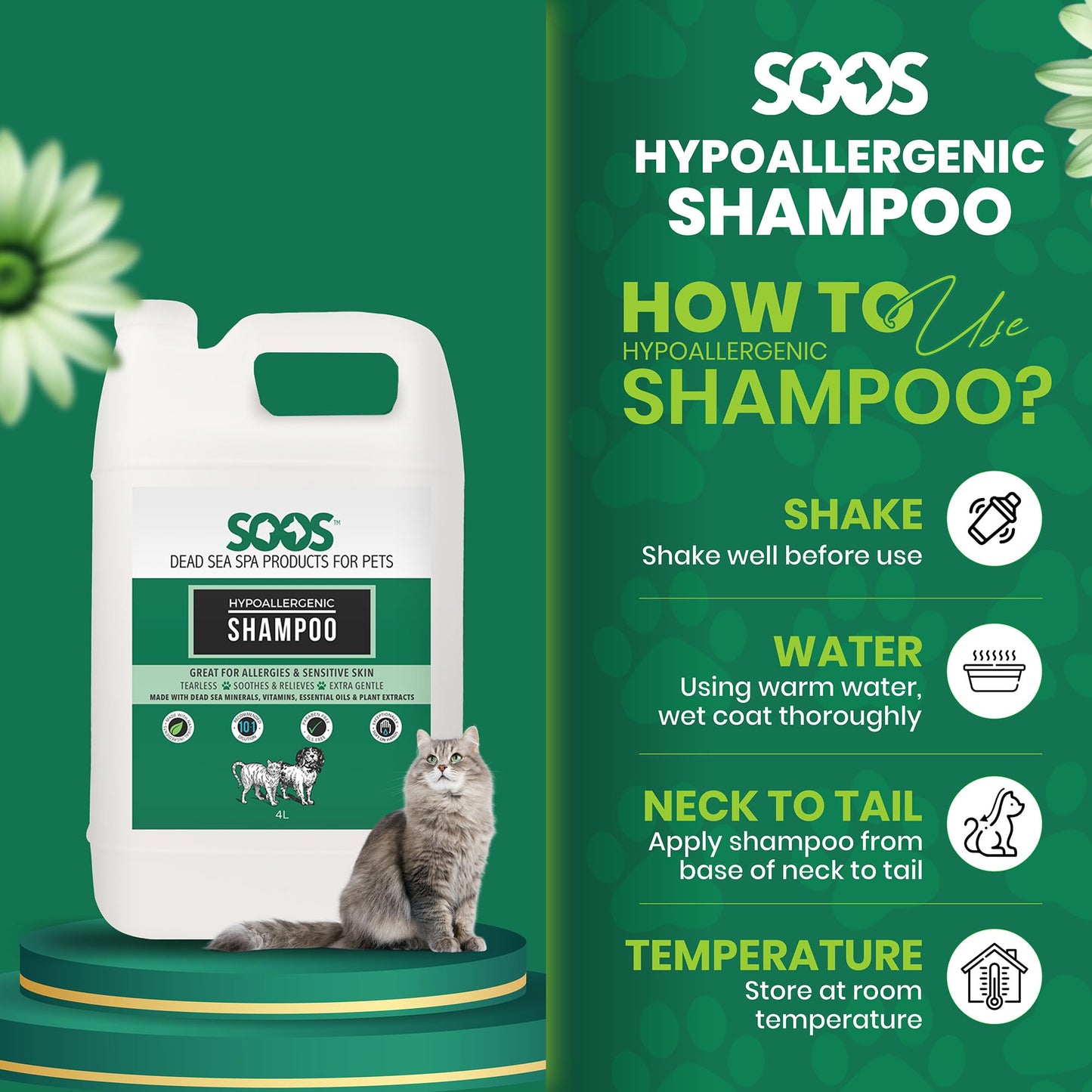 Soos Pet Hypoallergenic Shampoo for Dogs and Cats Made with Natural Dead Sea Minerals Fast Absorbing with Vitamins Essential Oils Natural Ingredients - 1x (4L Gallon)