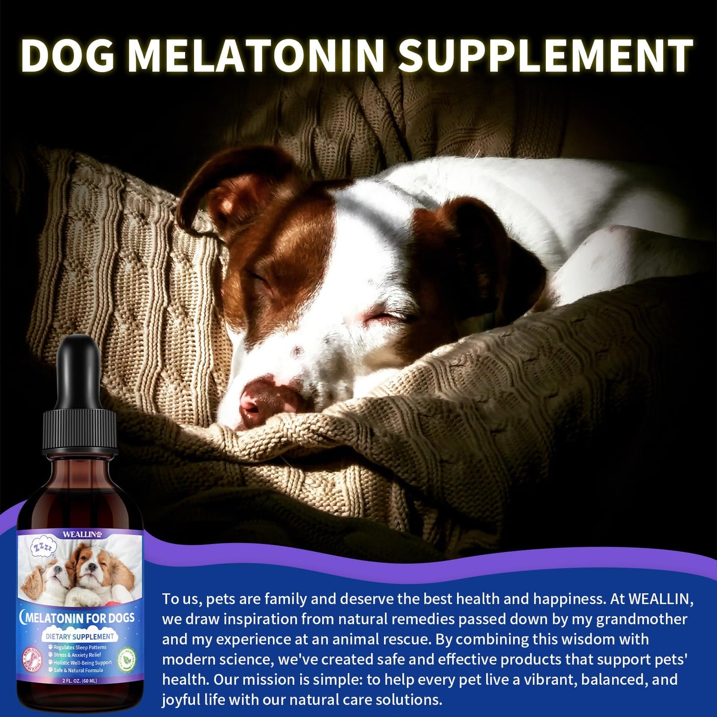 WEALLIN Melatonin for Dogs with L-Theanine & Chamomile | Anxiety Relief & Calming, Relaxation & Sleep Support Liquid Dog Melatonin | Fast-Absorbing & Bacon Flavor (1 PC)