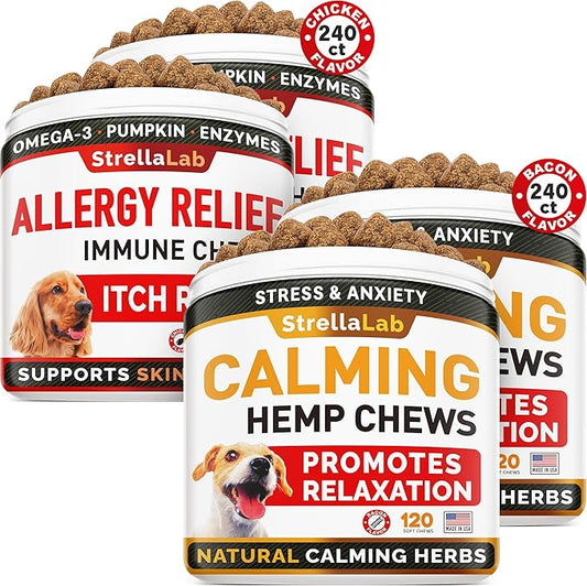 Allergy Relief + Hemp Calming Dogs Bundle - Itchy Skin Treatment + Anxiety Relief - Omega 3 & Pumpkin + w/Hemp Oil - Dogs Itching & Licking + Storm, Separation, Barking - 480 Chews - Made in USA