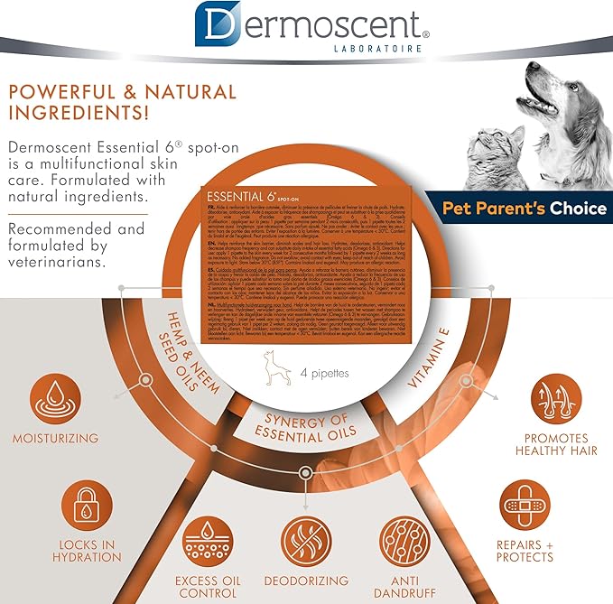Dermoscent Essential 6 spot-on - Dog Skin Care for Dandruff & Allergy Relief with Vitamin E Oil - Anti Itch for Dogs - Natural Ingredients for Sensitive Skin - Dogs 20-40 kg - 4 Pipettes of 2.4 ml