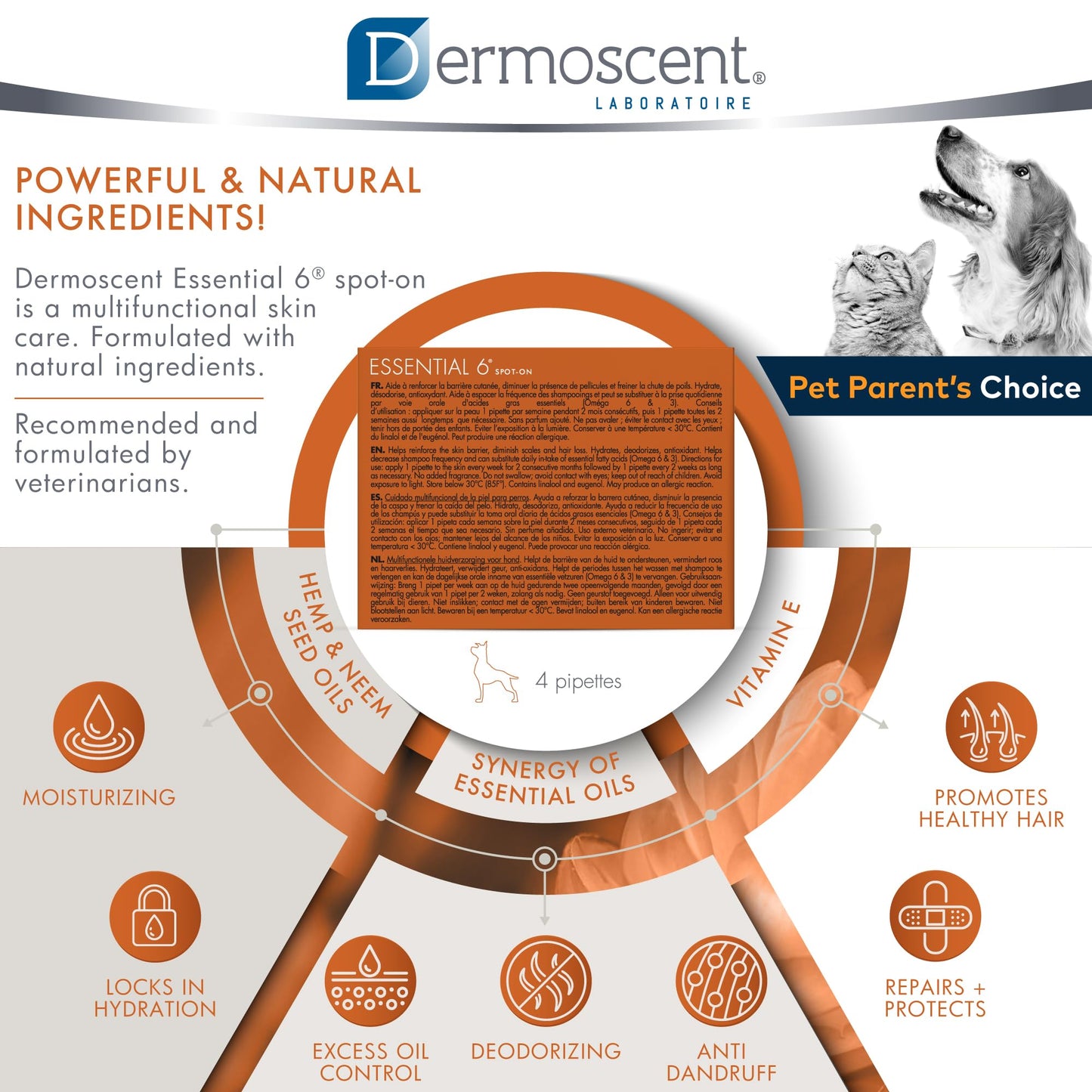 Dermoscent Essential 6 spot-on - Dog Skin Care for Dandruff & Allergy Relief with Vitamin E Oil - Anti Itch for Dogs - Natural Ingredients for Sensitive Skin - Dogs 10-20 kg - 4 Pipettes of 1.2 ml
