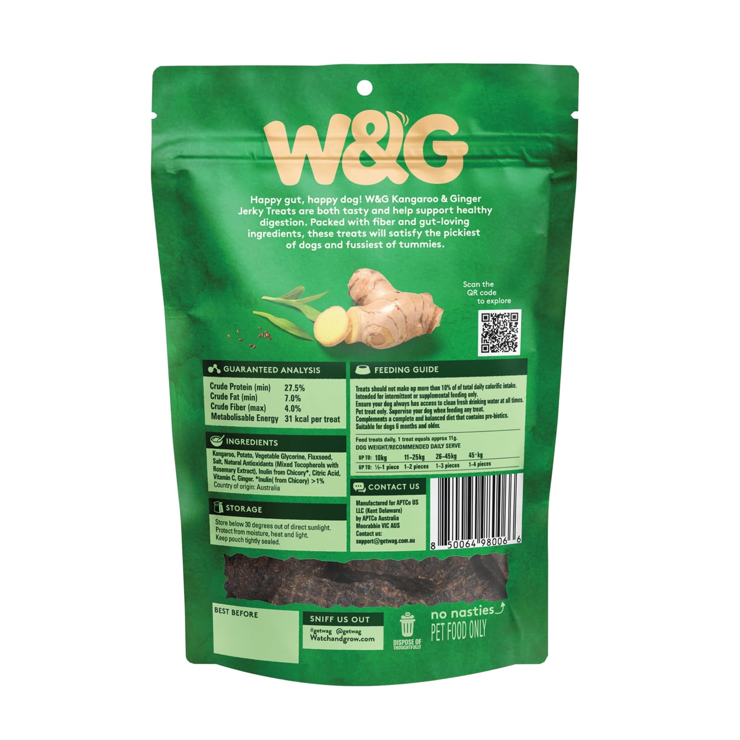 W&G Kangaroo and Ginger Soft Jerky for Dogs, Limited Ingredient Dog Treats, Hypoallergenic Alternative to Chicken Beef, Promotes Healthy Digestion, All-Natural Training Rewards, 3.5oz