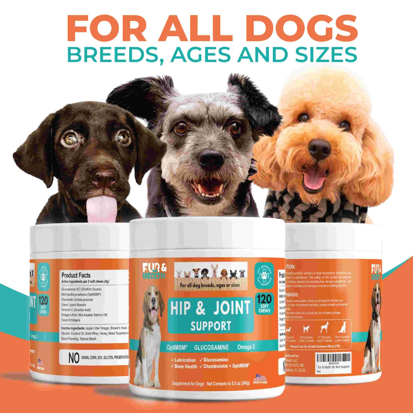 Glucosamine Chondroitin Hip & Joint Supplement for Dogs - Natural Pain Relief & Mobility Support Soft Chews - Vet-Recommended Formula for Senior, Small & Large Breeds - Made in USA by Fur & Health