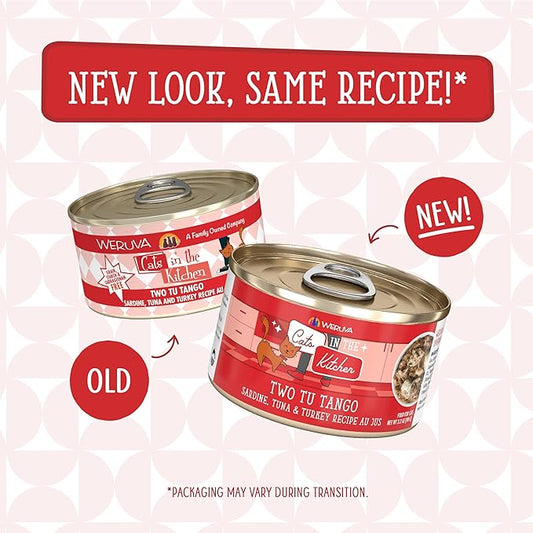 Weruva Cats in The Kitchen, Two Tu Tango with Sardine, Tuna & Turkey Au Jus Cat Food, 3.2oz Can (Pack of 24)