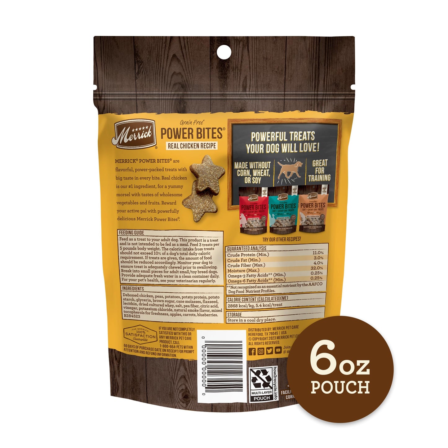 Merrick Power Bites Natural Soft And Chewy Real Meat Dog Treats, Grain Free Snack With Real Chicken Recipe - 6 oz. Bag