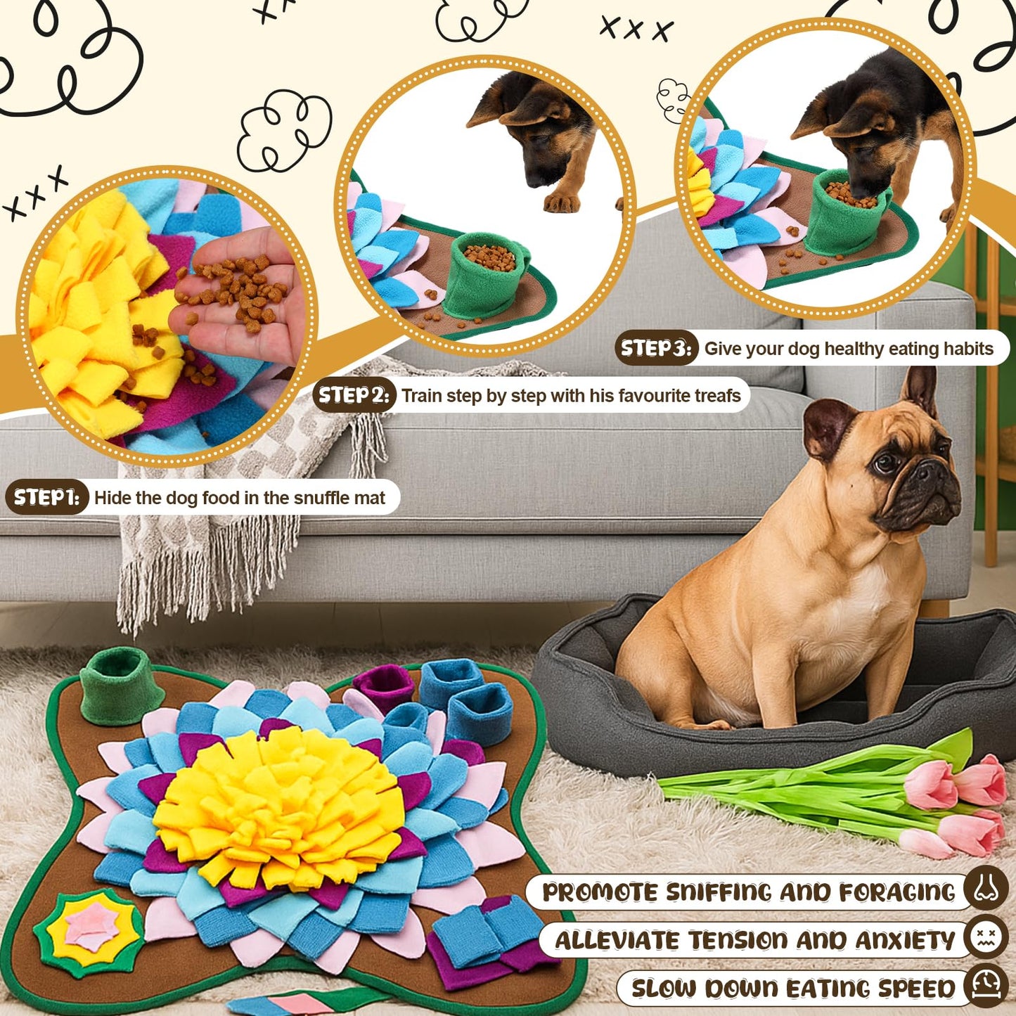 Arrowbash Snuffle Mat for Dogs Cats 18.8 x 18.8 Inch Interactive Sniff Feeding Mat with 2 Pack Toy Balls for Small & Medium Puppies, Encourages Natural Foraging Skills, Training and Stress Release