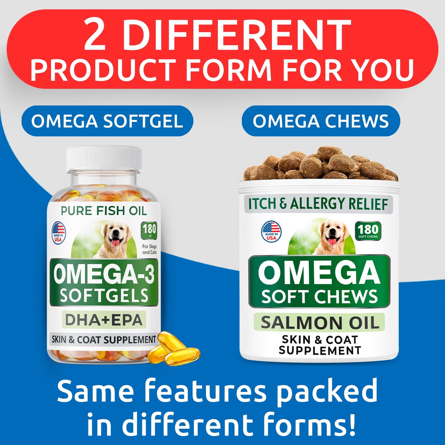 BARK&SPARK Allergy Relief + Omega 3 Bundle - Anti-Itch Skin & Coat + Skin Allergy - Omega 3 Fish Oil + EPA&DHA Fatty Acid - Itching&Paw Licking + Joint Health - 240 Chews + 180 Softgels - Made in USA