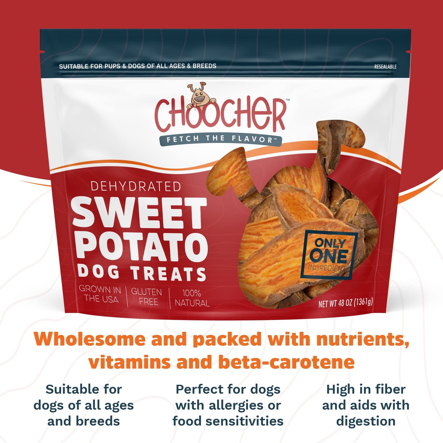 CHOOCHER Dehydrated Sweet Potato Dog Treats - High Fiber Gluten Free & Vegan Dental Chews for Small Medium Large Dogs - Made in USA Dog Chews for Training Teeth Cleaning & Healthy Digestion