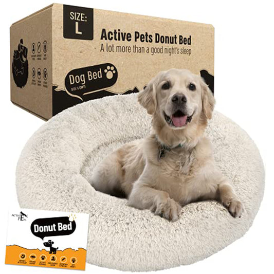 Active Pets Calming Plush Dog Bed Donut Joint Support Anxiety Relief Washable Pet Bed with Removable Cover for Dogs Cats, Large 36", Beige