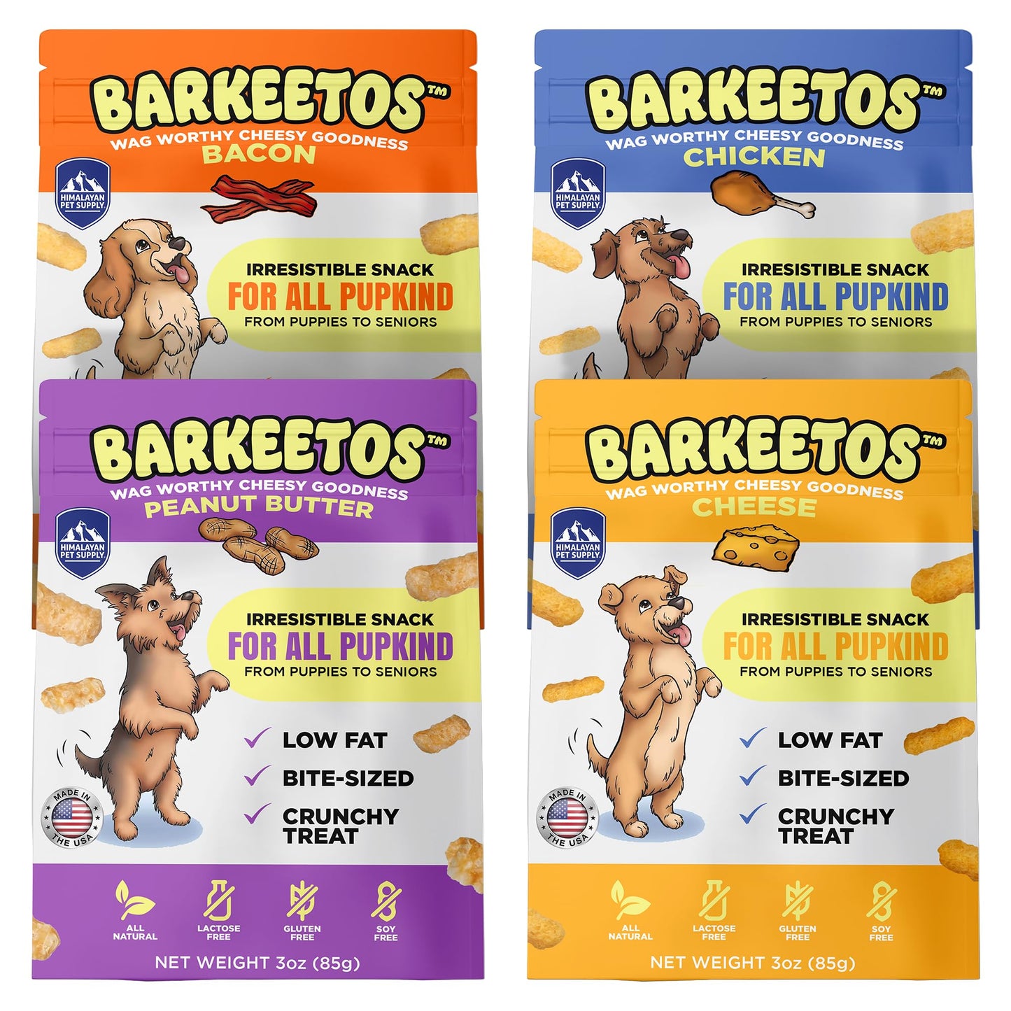 Barkeetos Dog Treats Variety Pack – Peanut Butter, Bacon, Cheese & Chicken – Crunchy Cheesy Snacks with Real Himalayan Cheese – Grain Free, Gluten Free, Lactose Free – for All Breeds - 4 Pack
