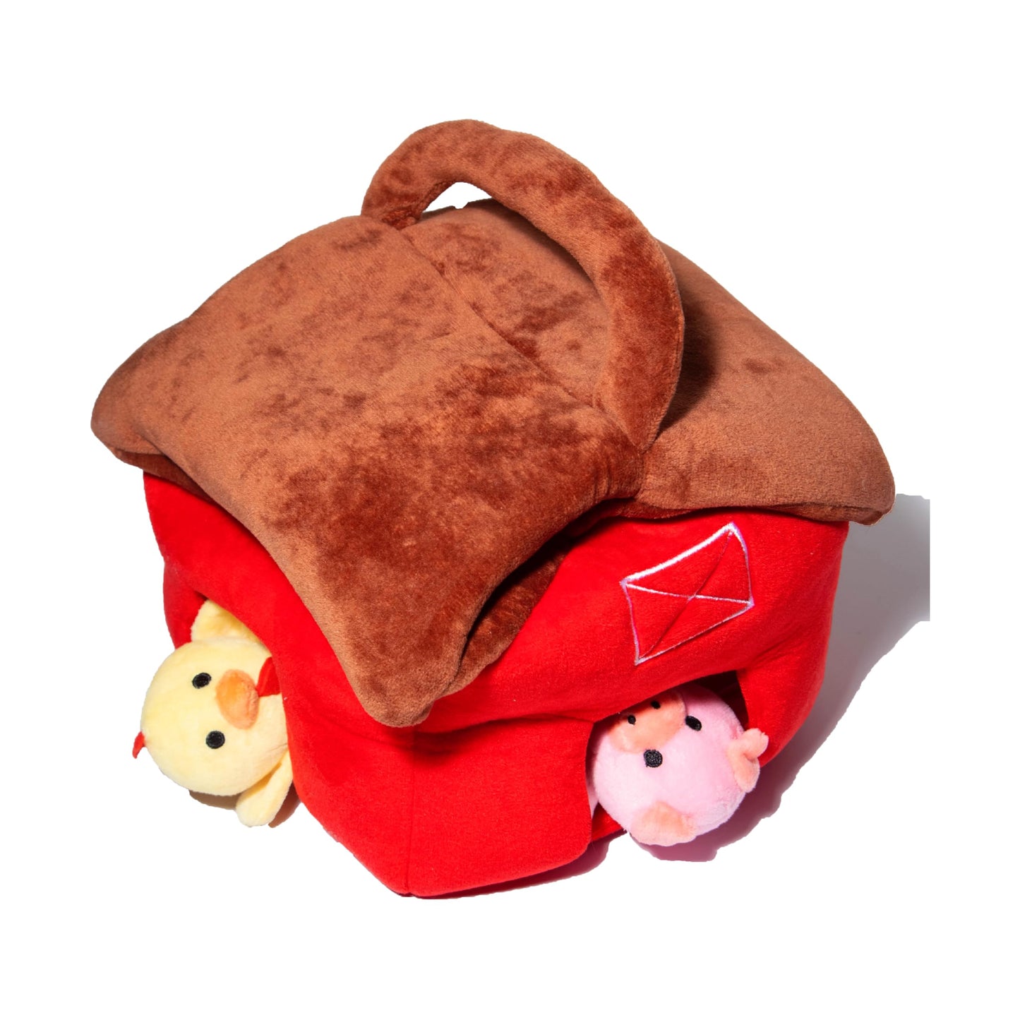 Glow Pups Interactive Hide and Seek Dog Toys for large dogs, medium dog and small dogs, Barnyard Adventure Plush Toy with Crinkle Sound and Squeaky Animals, Red and Brown Barn with 3 Pack Farm Animals